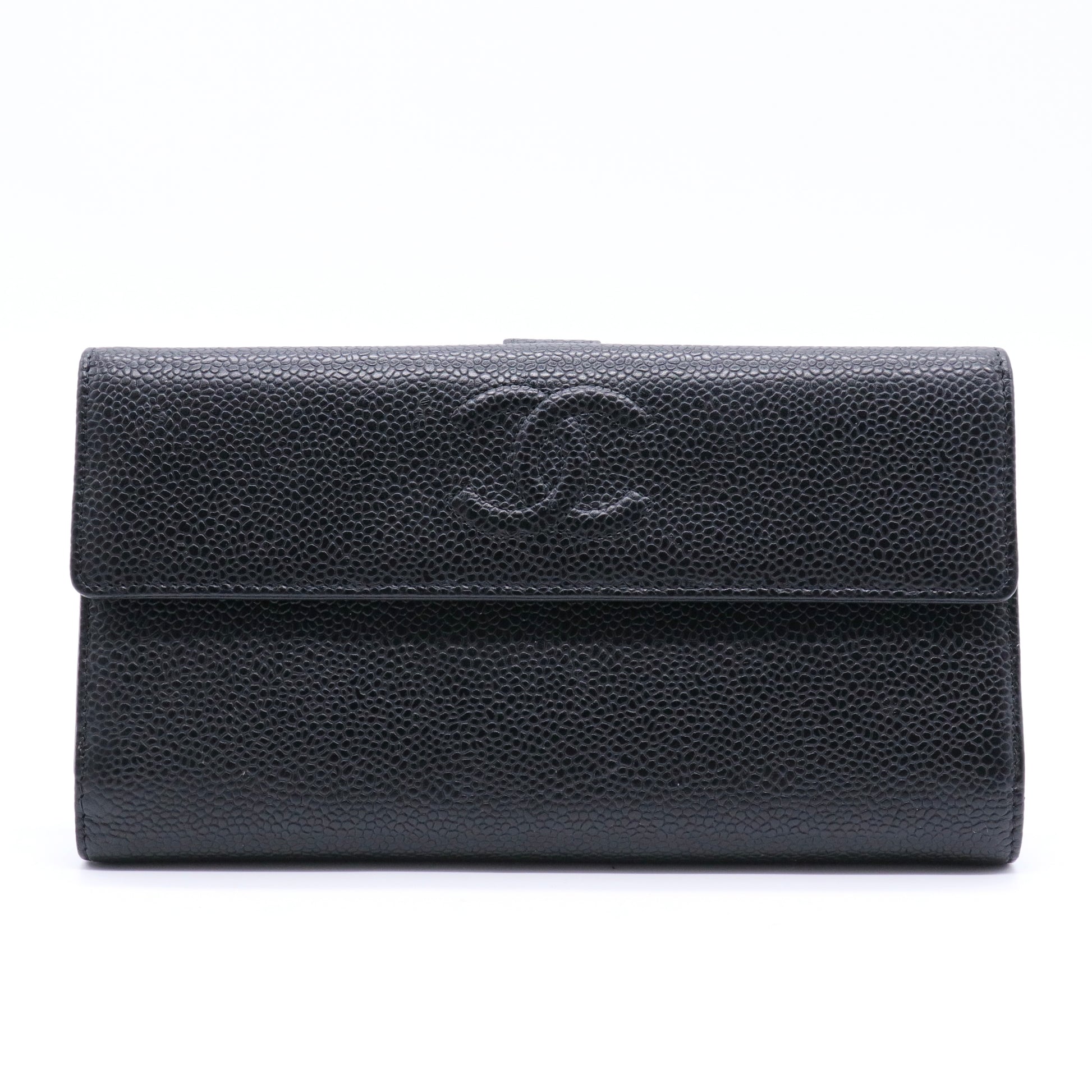 Black Caviar Leather CC Logo Long Snap Bifold Wallet