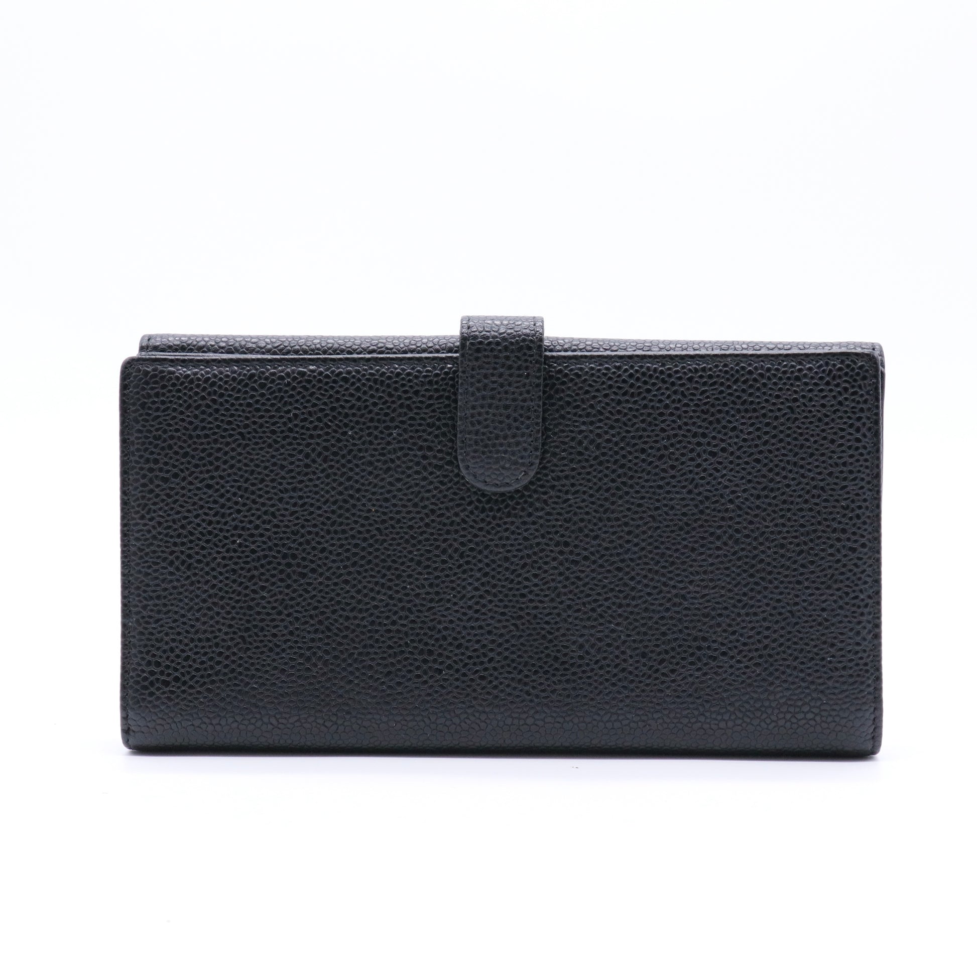 Black Caviar Leather CC Logo Long Snap Bifold Wallet
