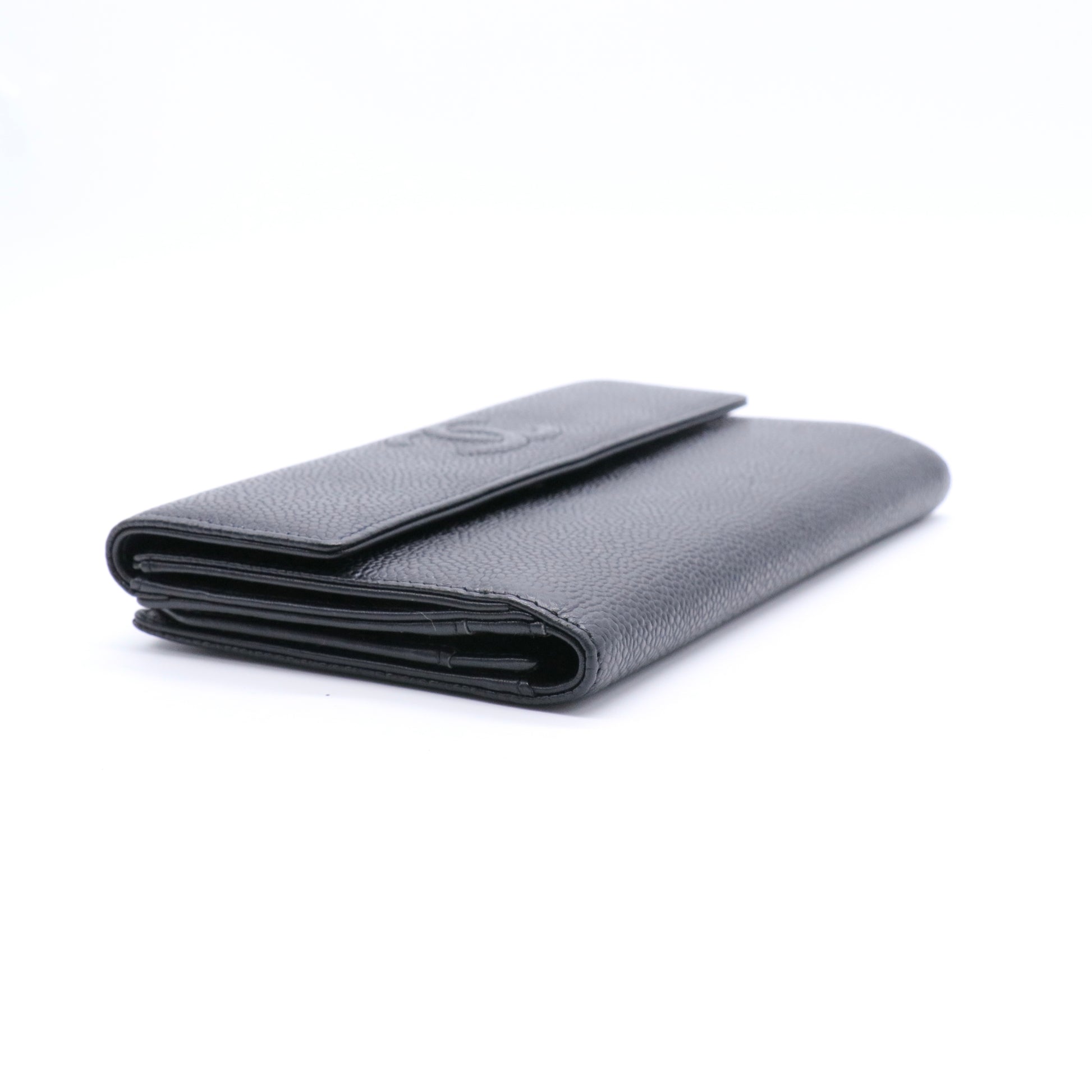 Black Caviar Leather CC Logo Long Snap Bifold Wallet