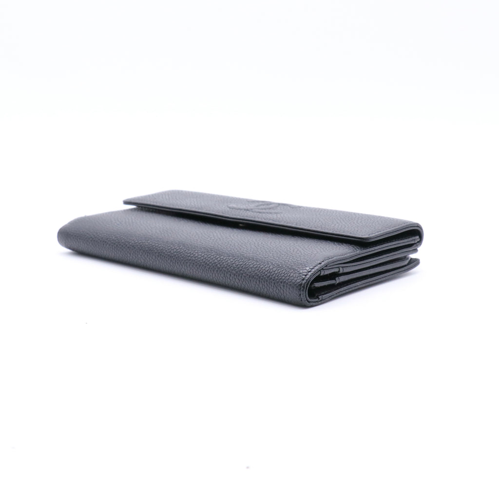Black Caviar Leather CC Logo Long Snap Bifold Wallet
