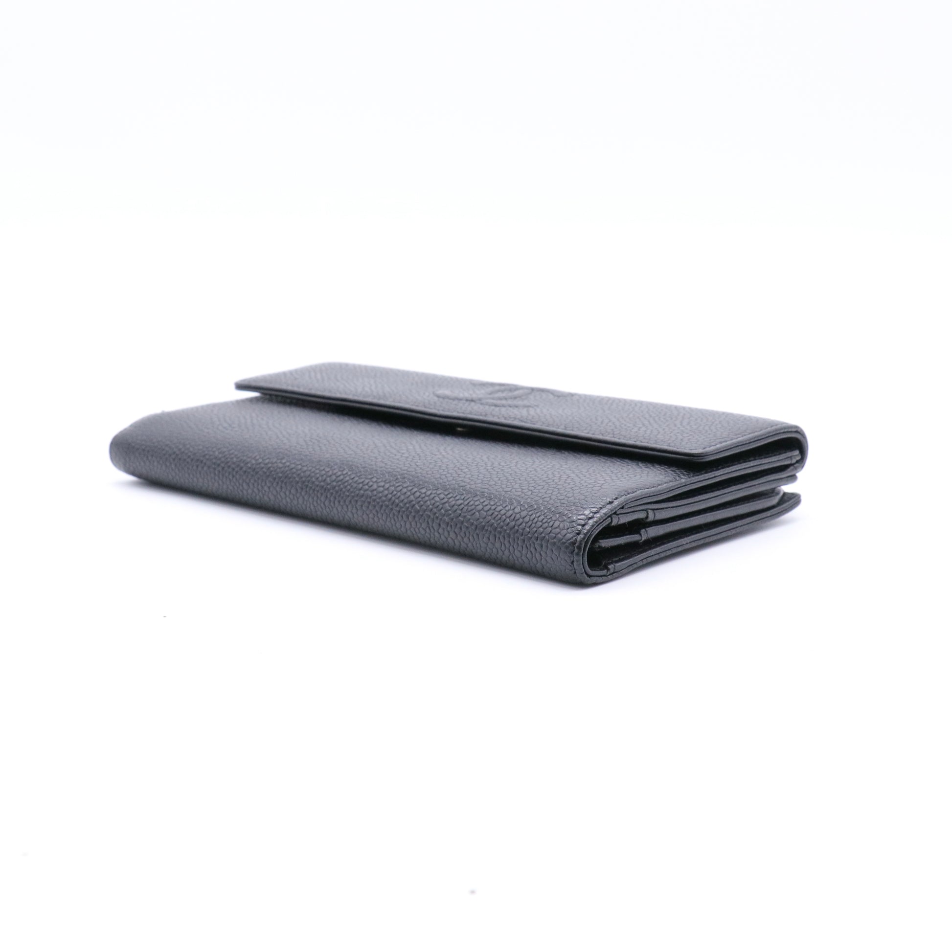 Black Caviar Leather CC Logo Long Snap Bifold Wallet