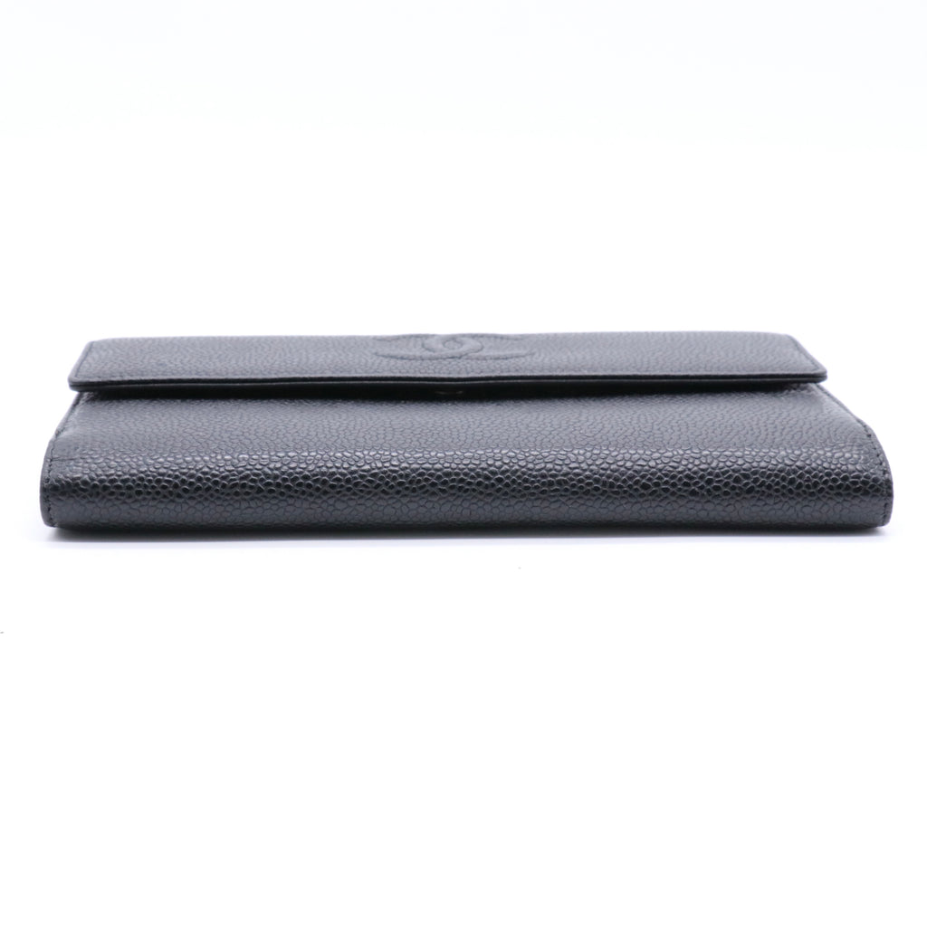 Black Caviar Leather CC Logo Long Snap Bifold Wallet