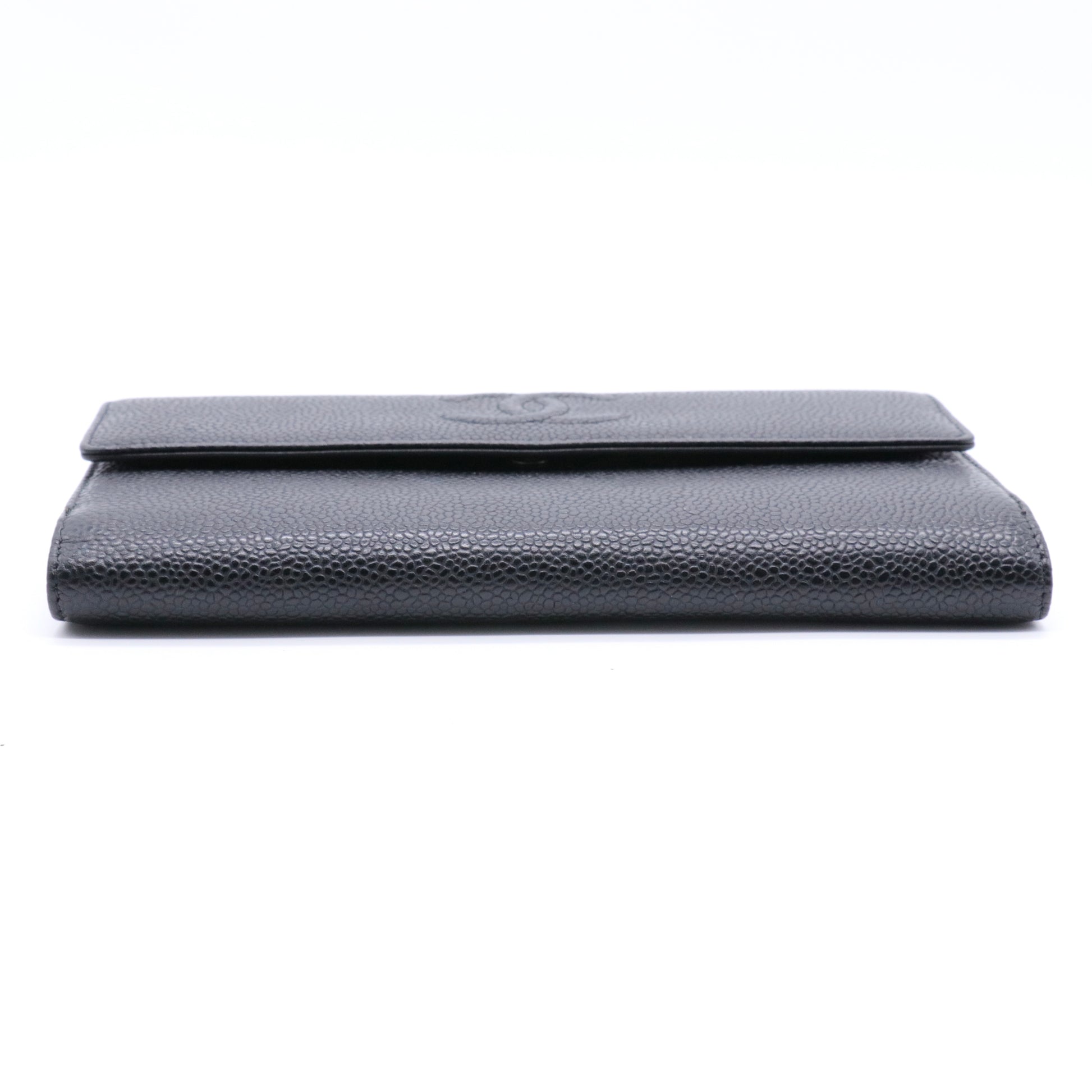 Black Caviar Leather CC Logo Long Snap Bifold Wallet