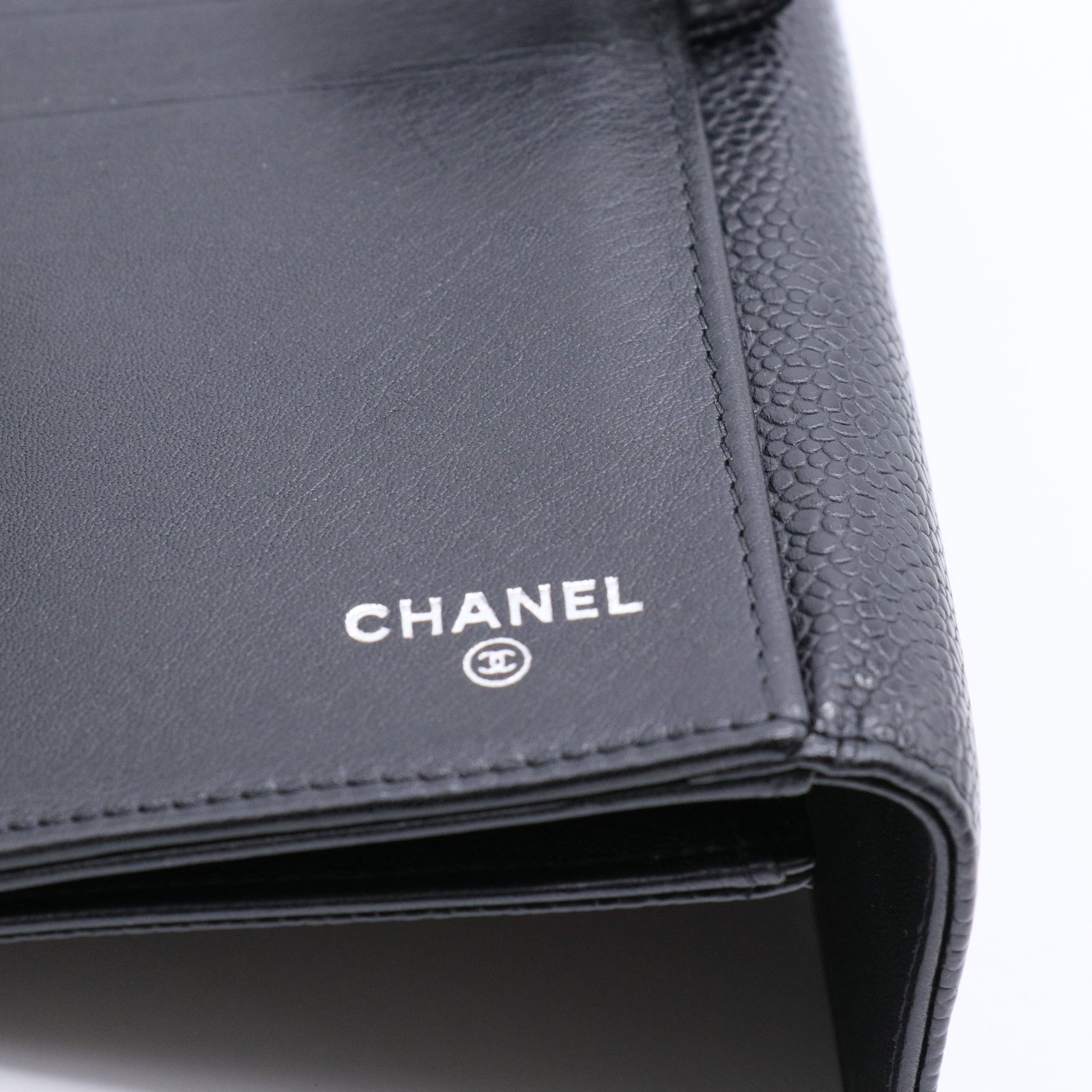 Black Caviar Leather CC Logo Long Snap Bifold Wallet