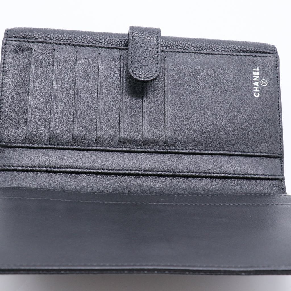 Black Caviar Leather CC Logo Long Snap Bifold Wallet