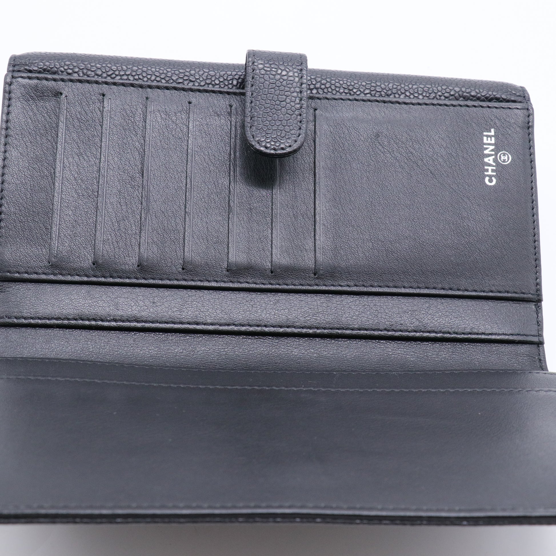 Black Caviar Leather CC Logo Long Snap Bifold Wallet
