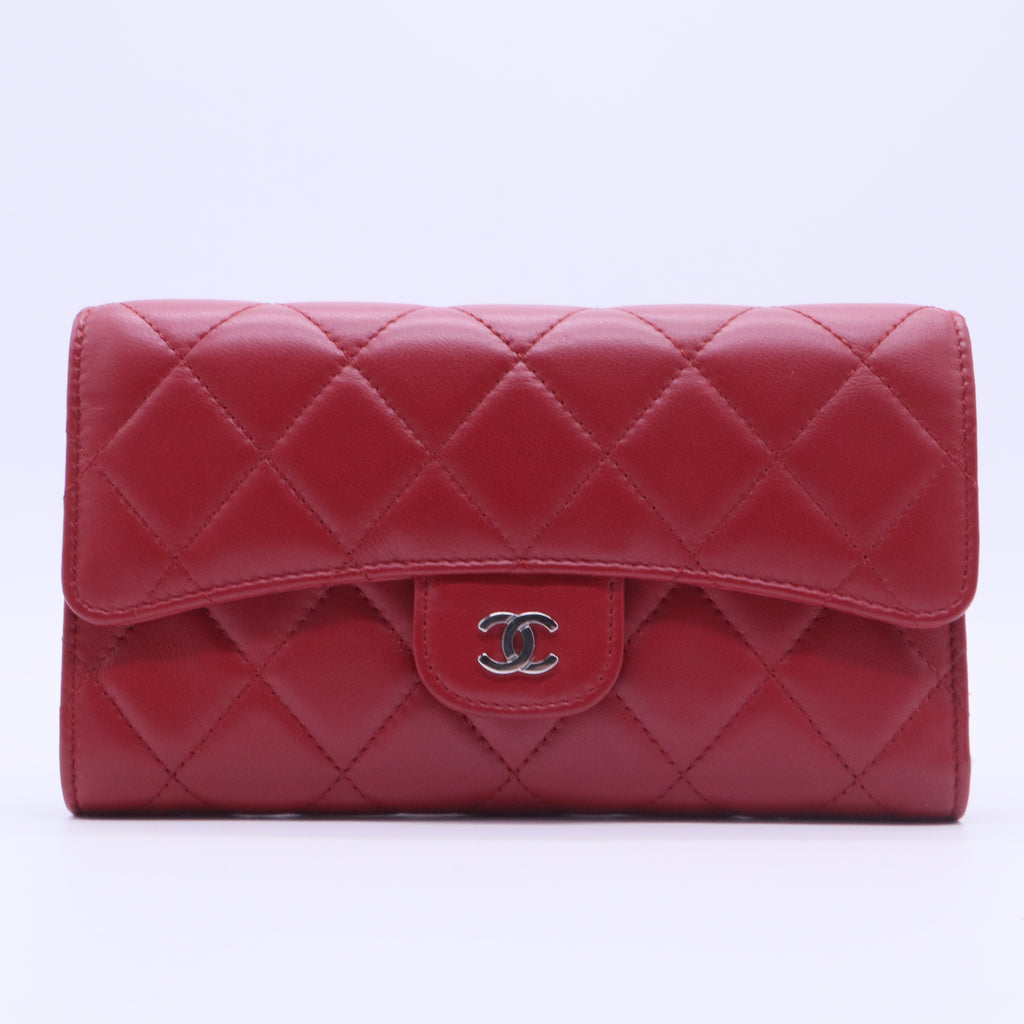 Flap Wallet, Red Lambskin with Silver Hardware