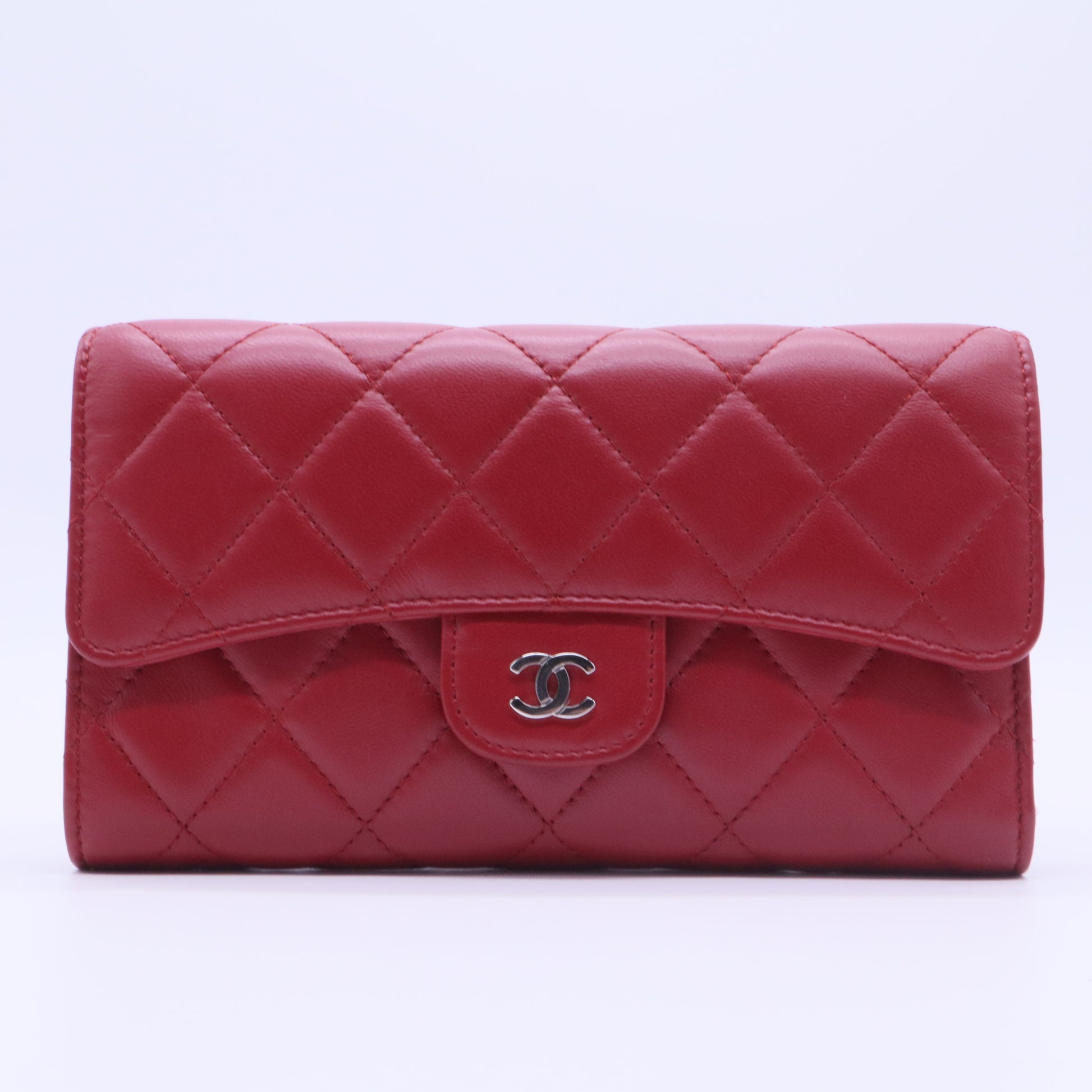 Flap Wallet, Red Lambskin with Silver Hardware