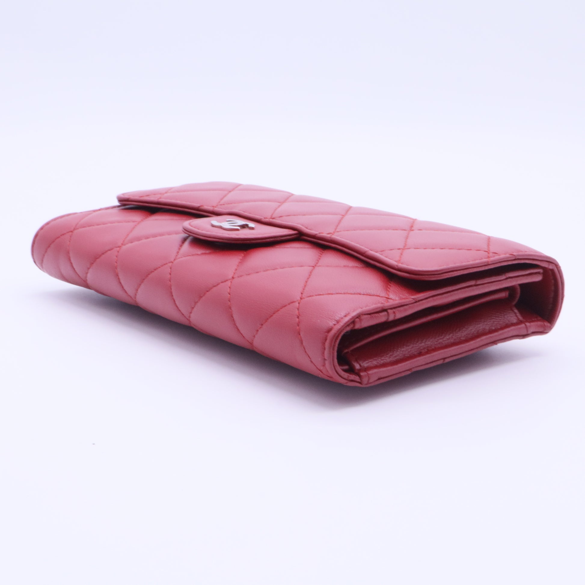 Flap Wallet, Red Lambskin with Silver Hardware