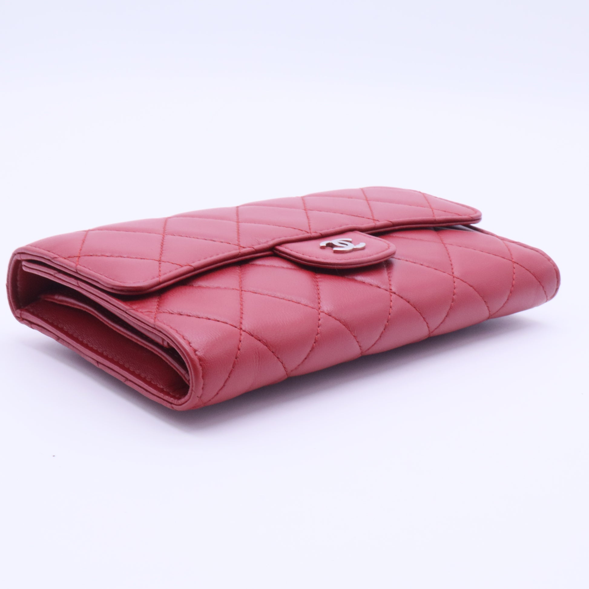 Flap Wallet, Red Lambskin with Silver Hardware