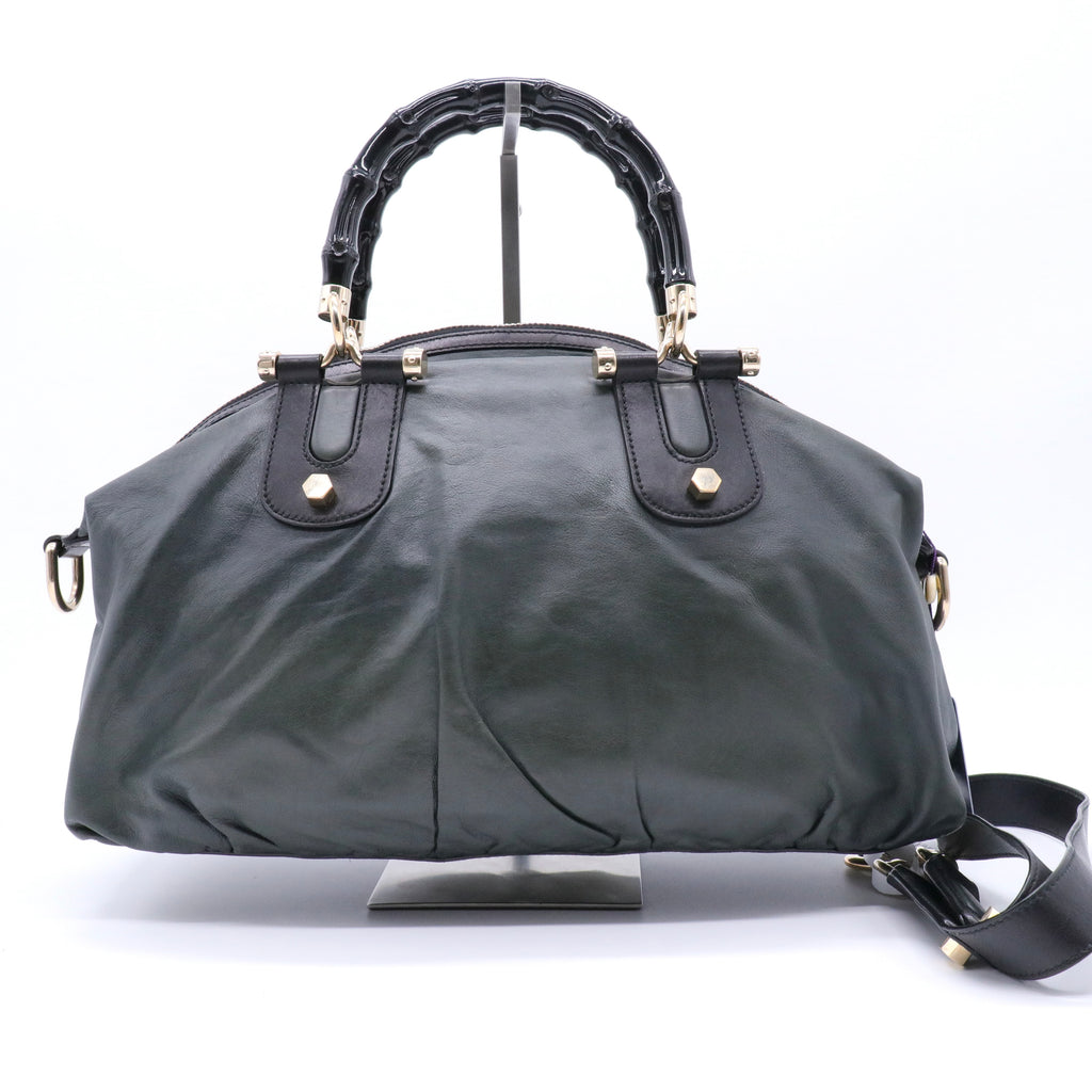 Calfskin Pop Bamboo Top Handle Tote Black twins
