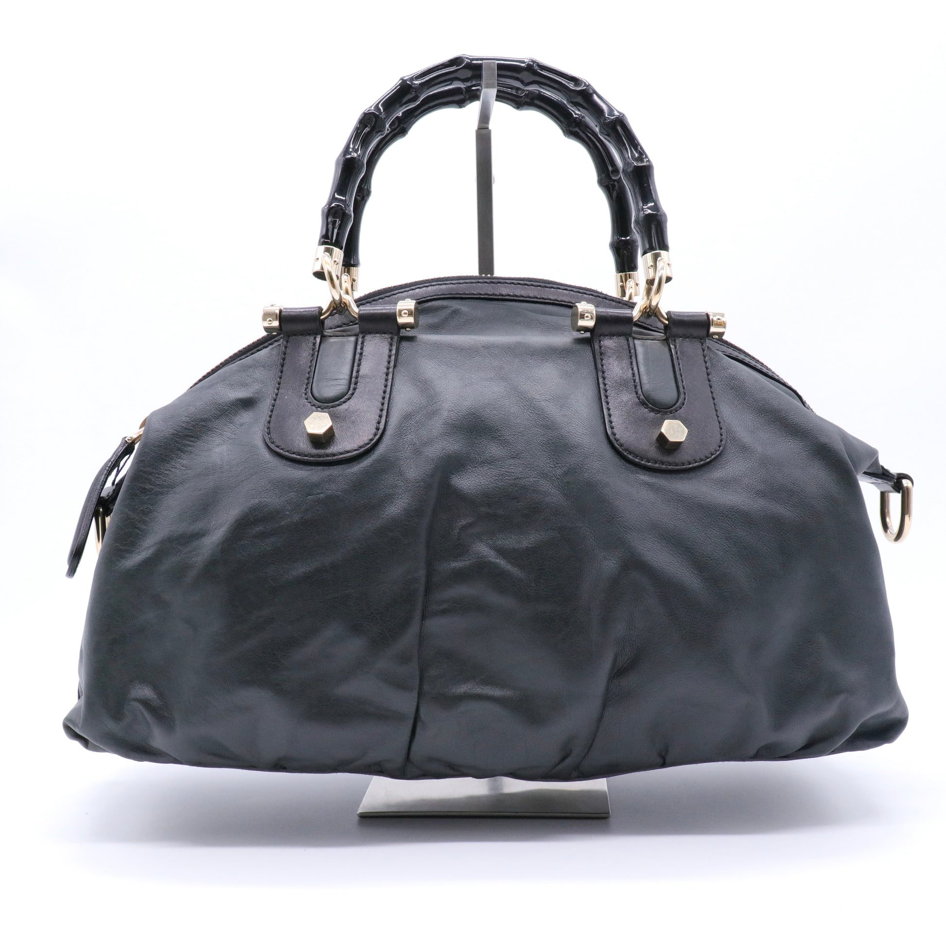 Calfskin Pop Bamboo Top Handle Tote Black twins
