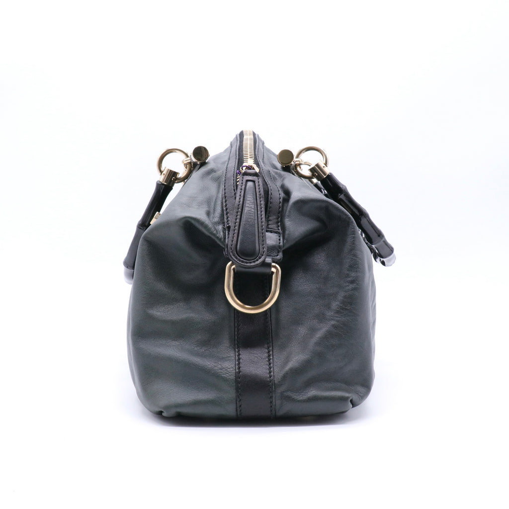 Calfskin Pop Bamboo Top Handle Tote Black twins