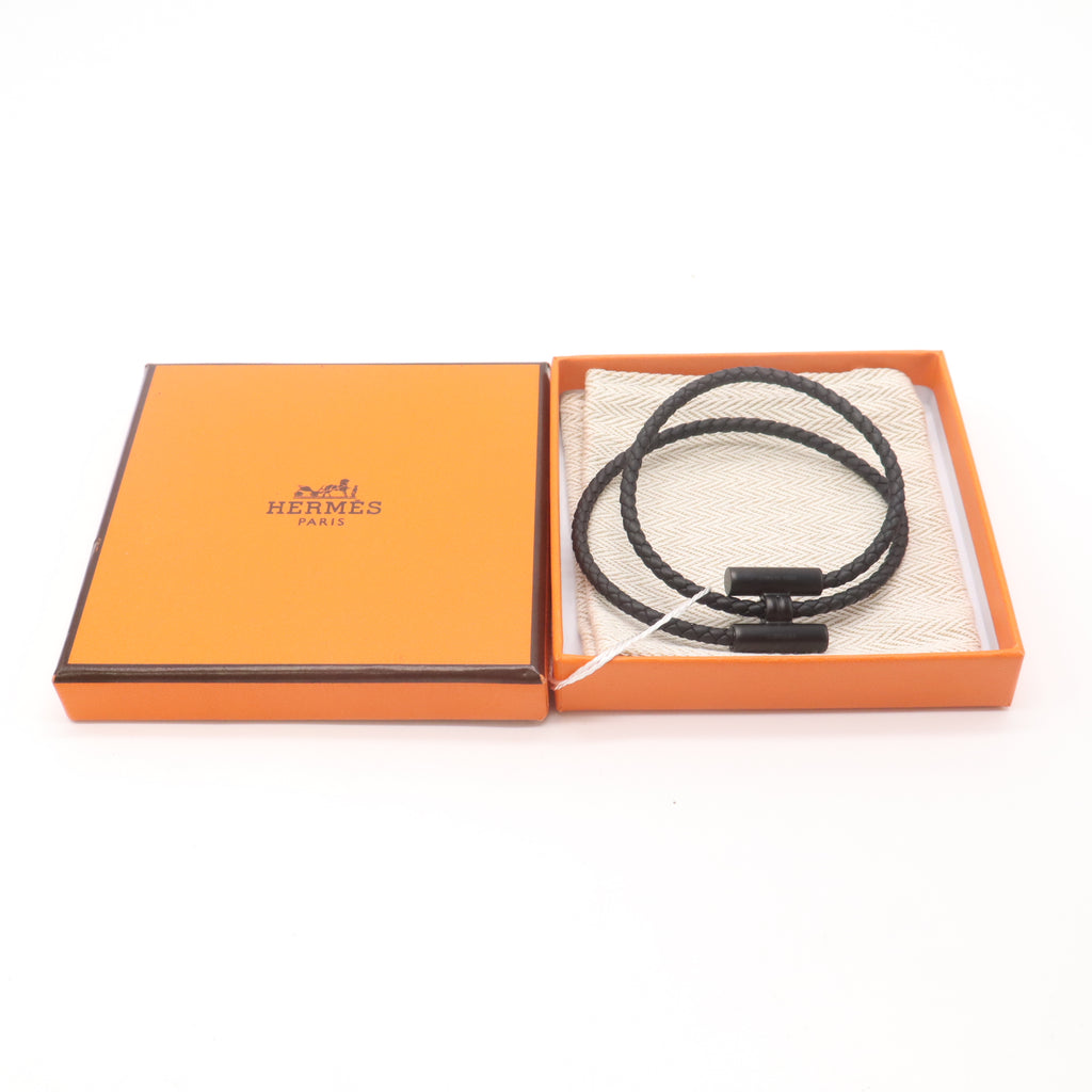 Ruthenium Plated Tournis Tresse Black Leather Bracelet Twins LDJ4708