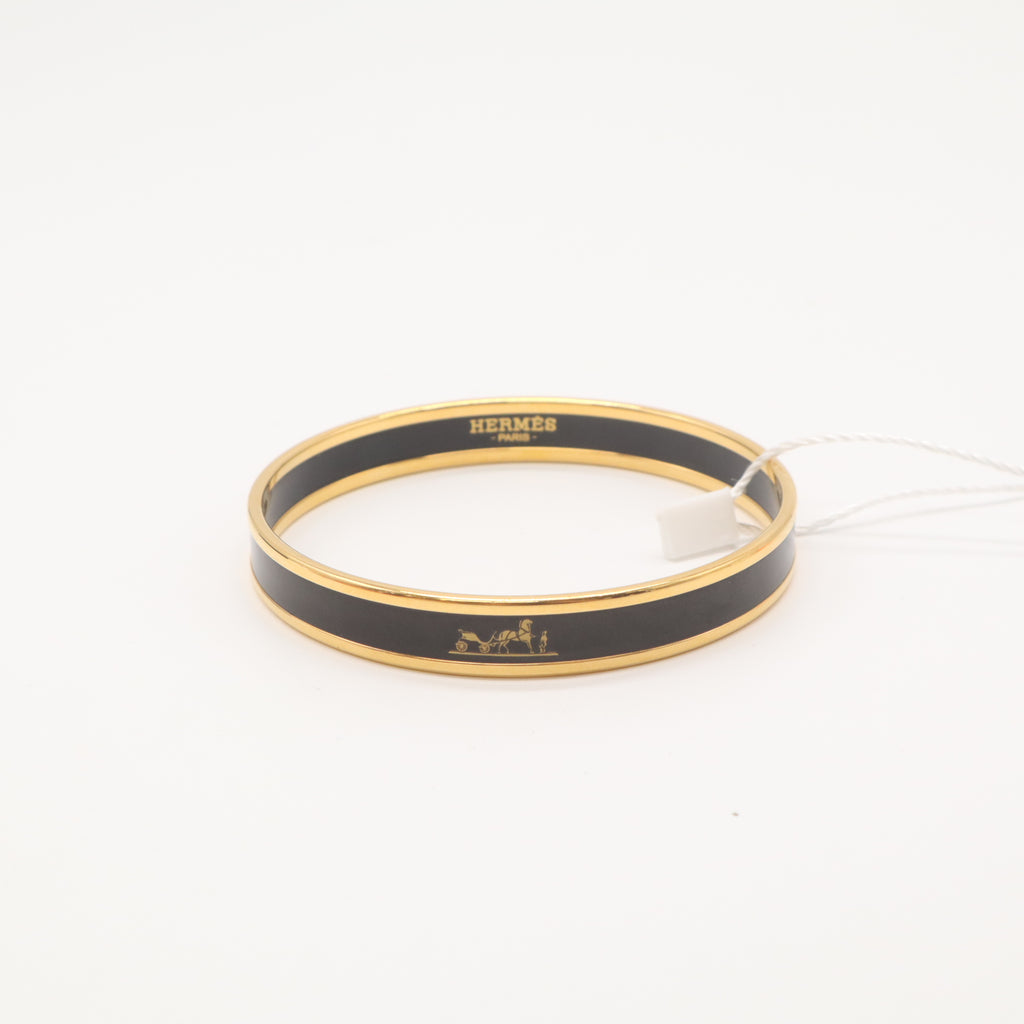 Hermes Black Enamel Gold Plated Caleche Narrow Bangle Bracelet LDZ175