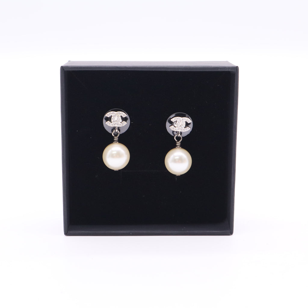 Chanel Silvertone Metal Faux Pearl and Crystal CC Drop Earrings  W20111