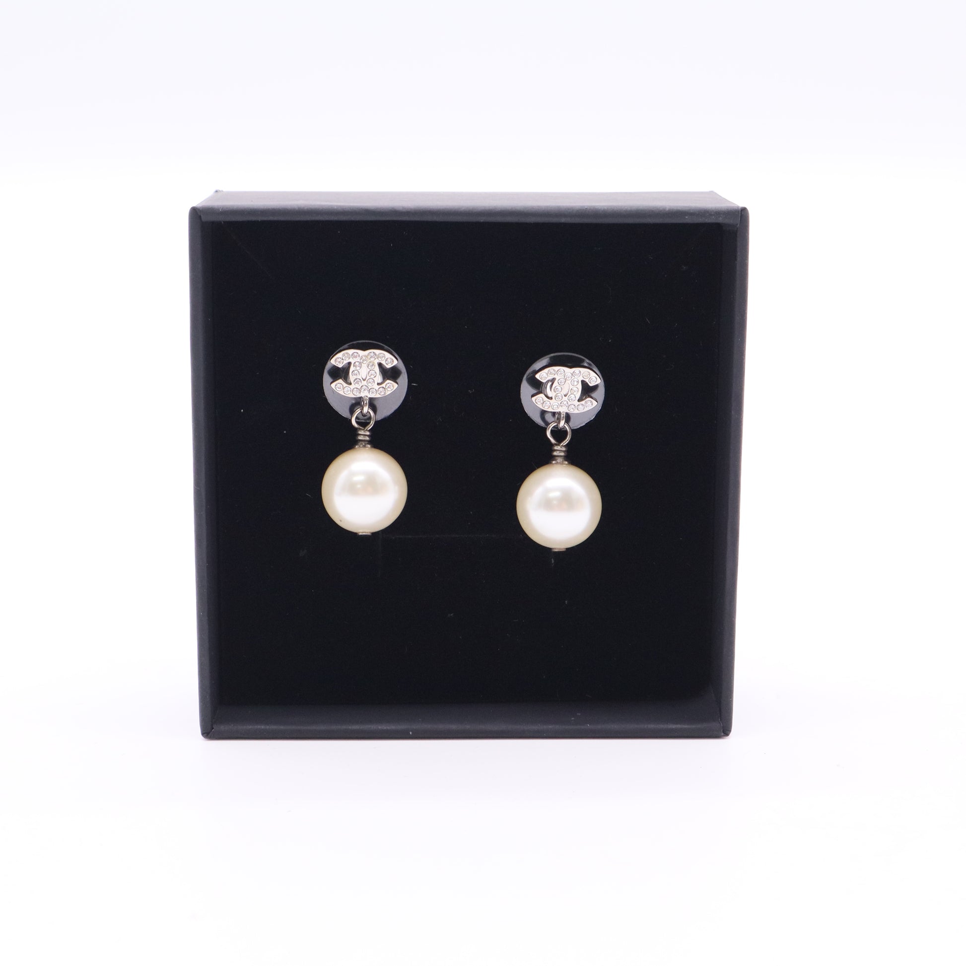 Chanel Silvertone Metal Faux Pearl and Crystal CC Drop Earrings  W20111
