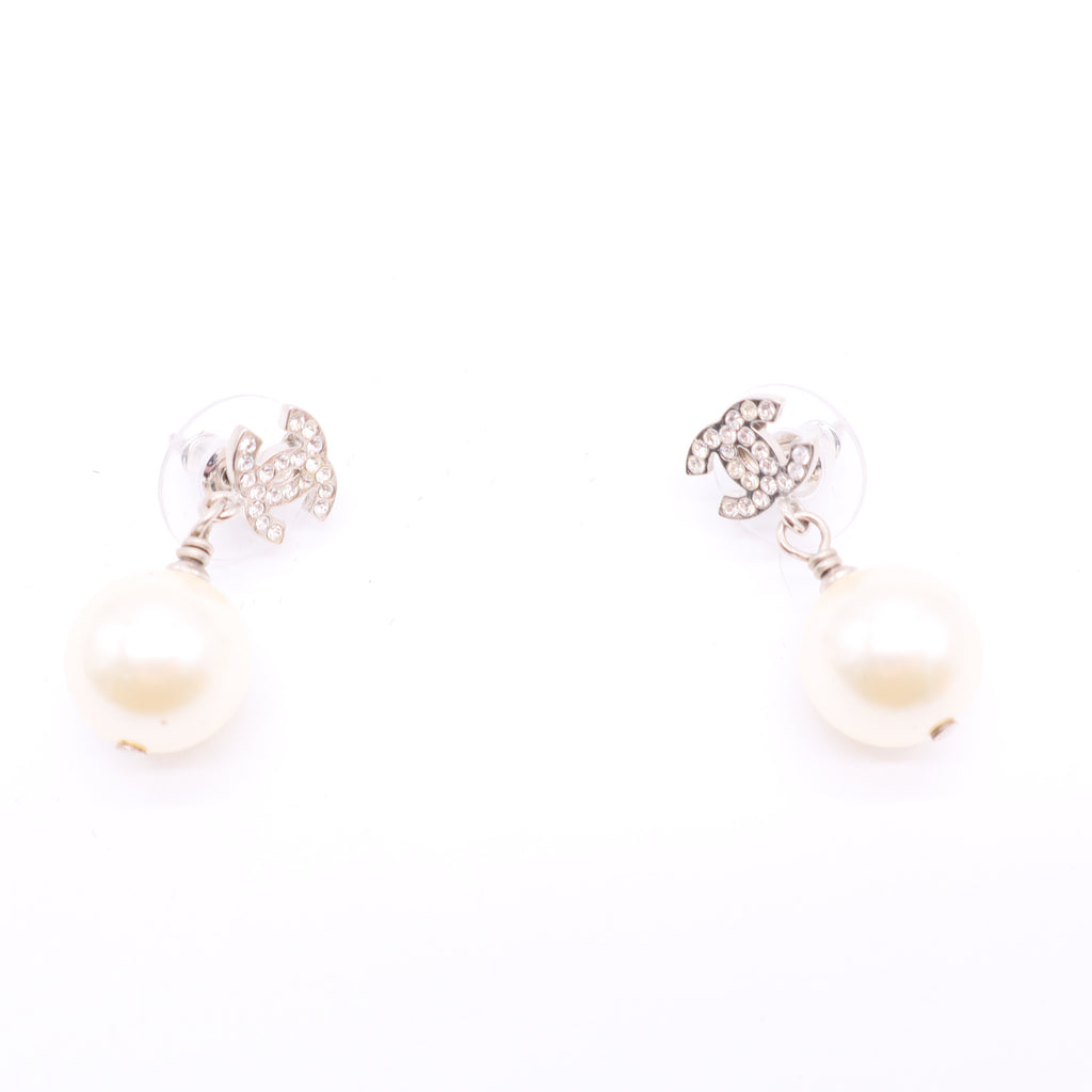 Chanel Silvertone Metal Faux Pearl and Crystal CC Drop Earrings  W20111