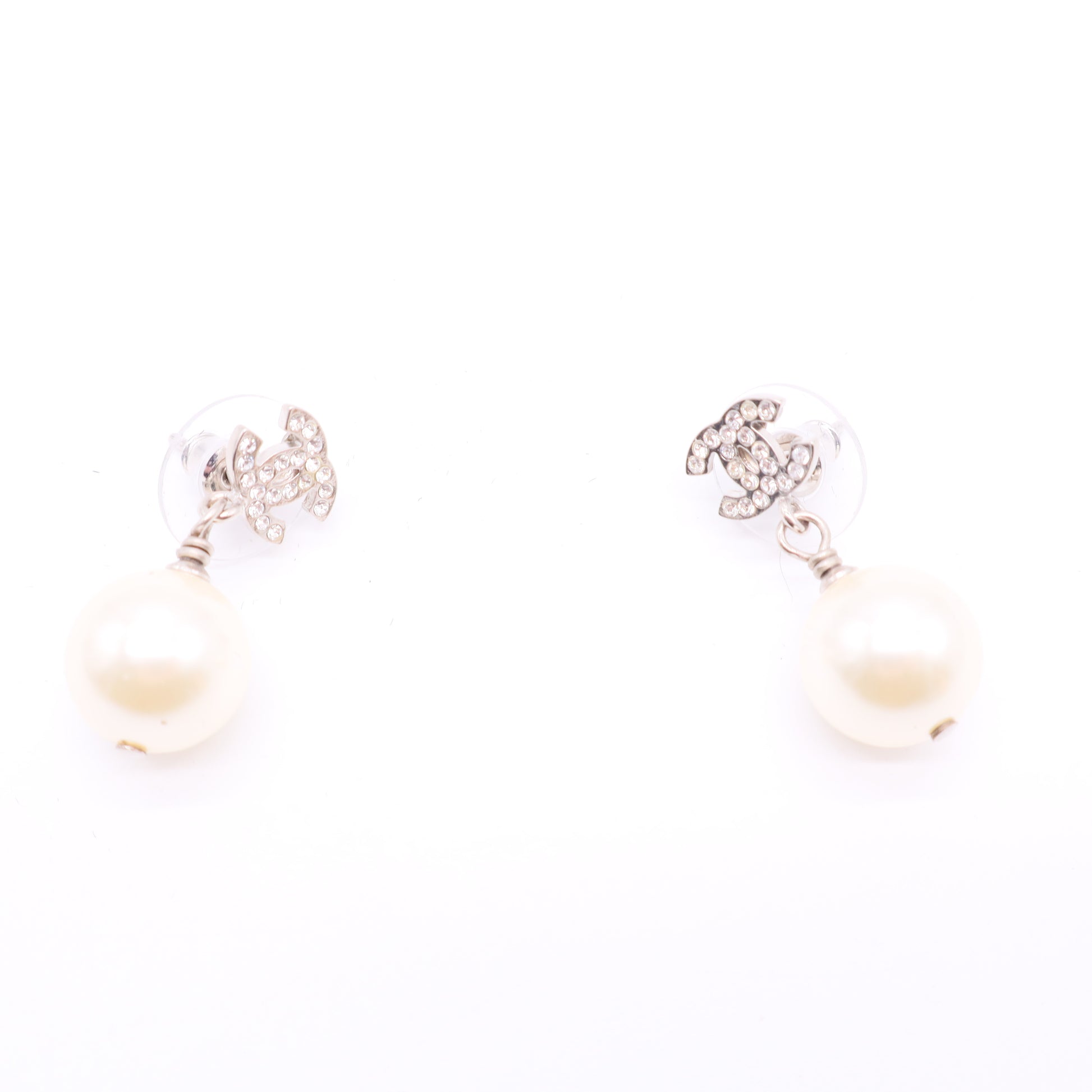 Chanel Silvertone Metal Faux Pearl and Crystal CC Drop Earrings  W20111