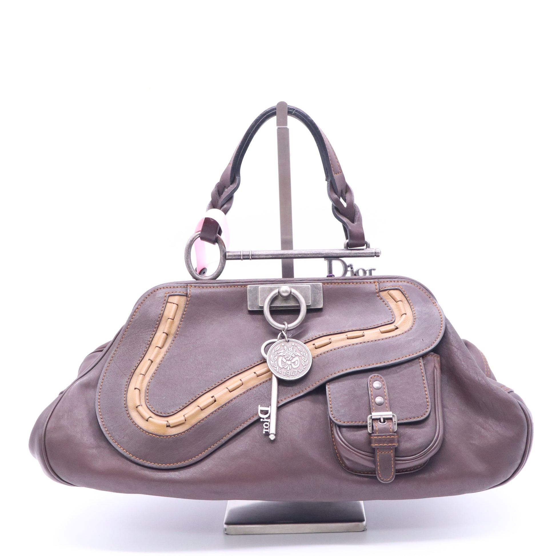 Christian Dior Vintage Brown Distressed Leather Gaucho Tote Bag Twins LDJ3885