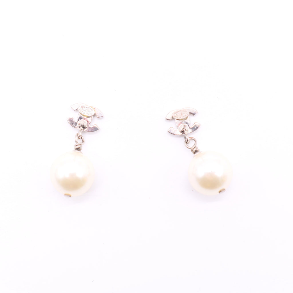 Chanel Silvertone Metal Faux Pearl and Crystal CC Drop Earrings  W20111