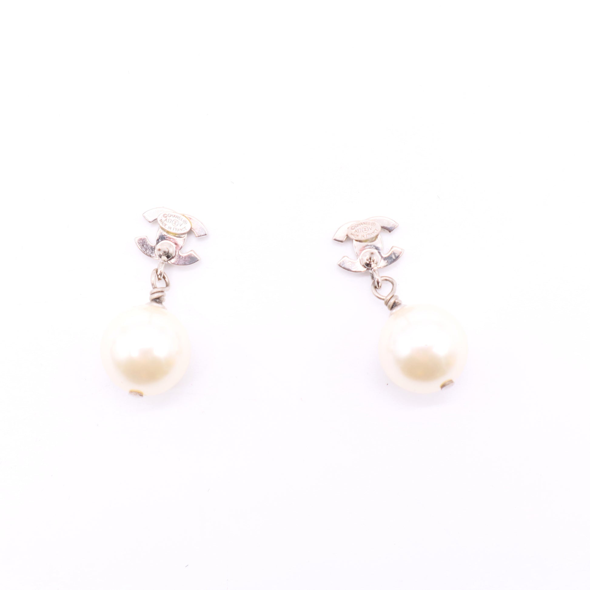 Chanel Silvertone Metal Faux Pearl and Crystal CC Drop Earrings  W20111