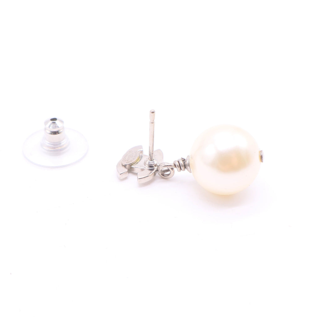 Chanel Silvertone Metal Faux Pearl and Crystal CC Drop Earrings  W20111