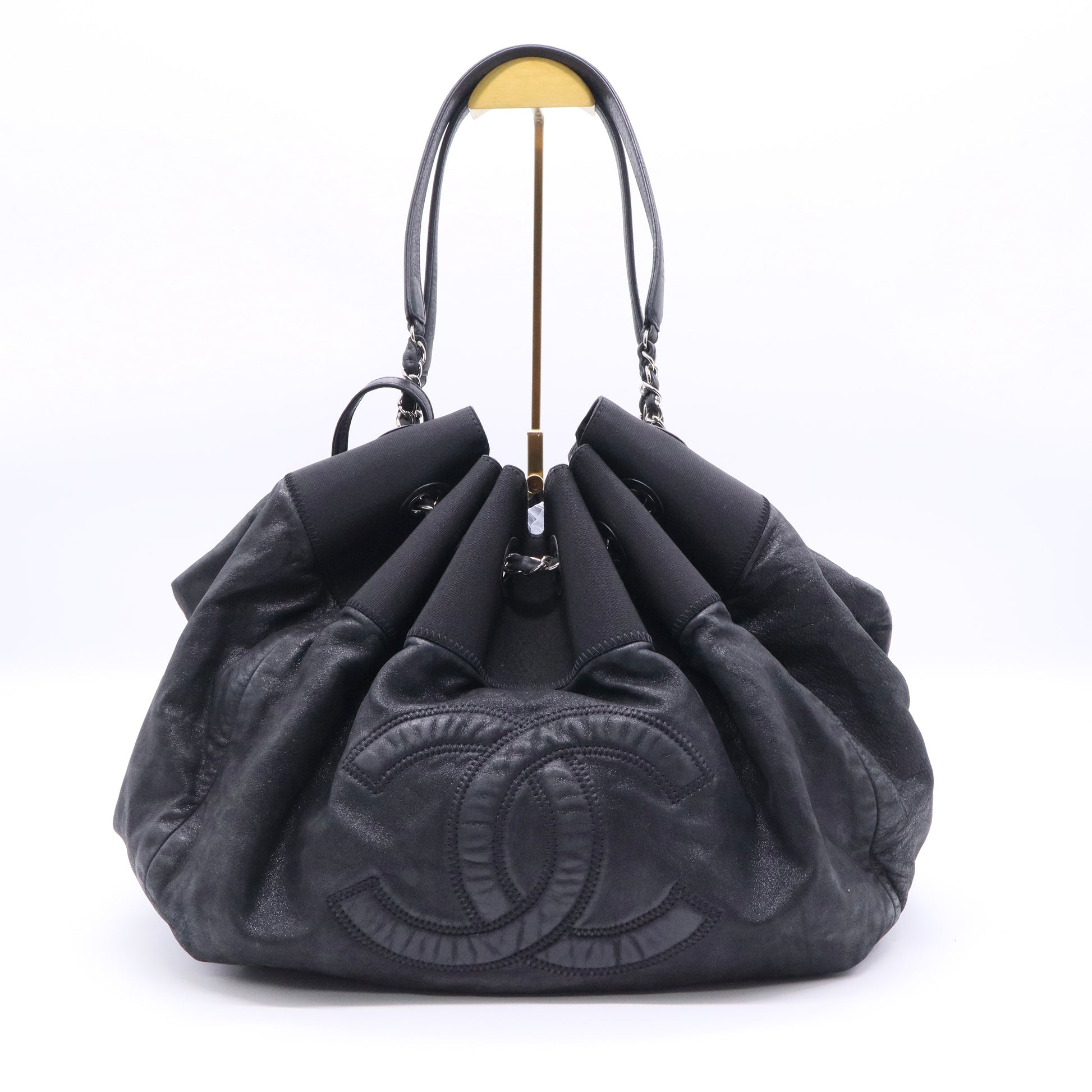 Chanel Black Iridescent Leather and Fabric CC Coco Cabas Hobo twins b20883