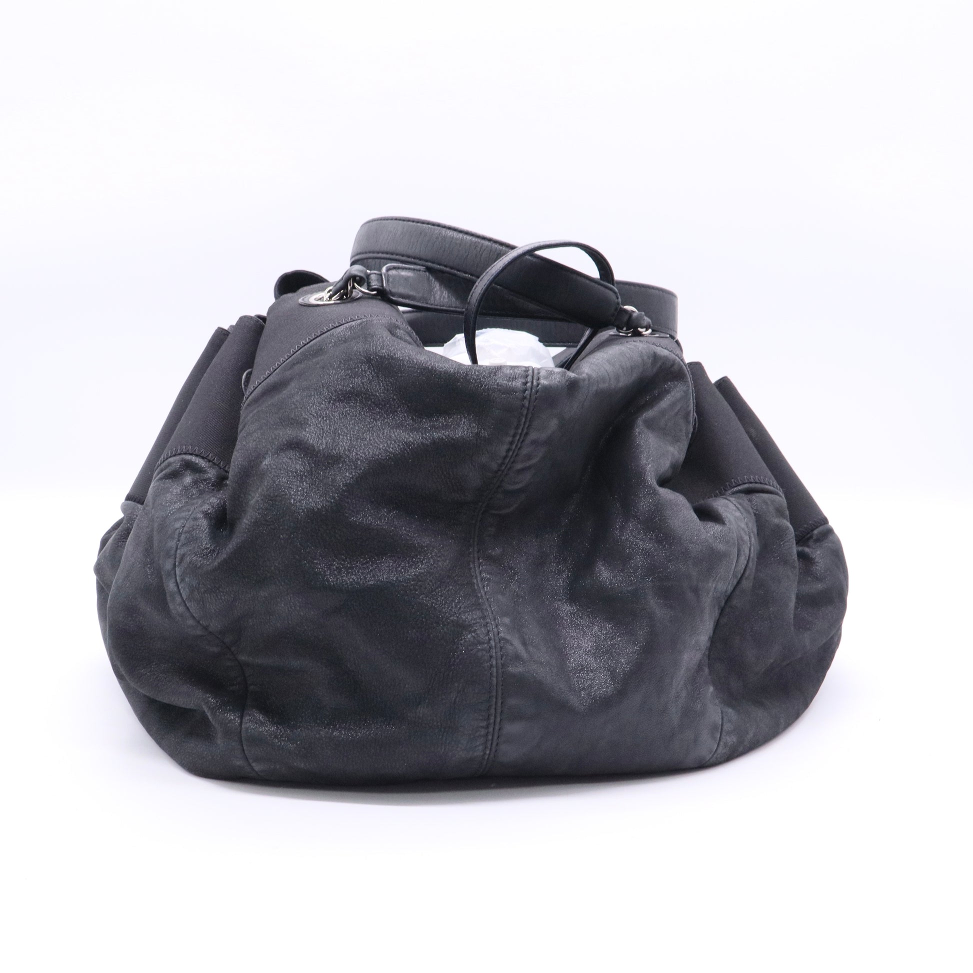 Chanel Black Iridescent Leather and Fabric CC Coco Cabas Hobo twins b20883