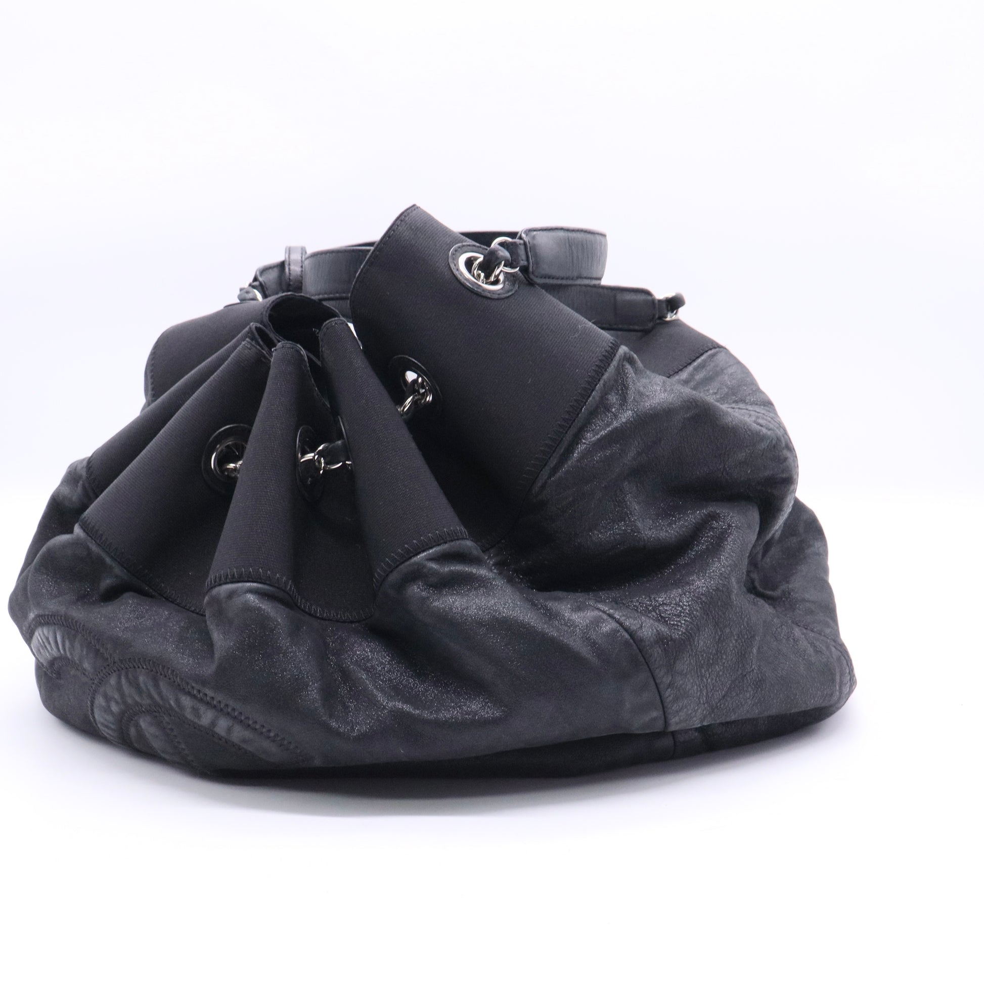 Chanel Black Iridescent Leather and Fabric CC Coco Cabas Hobo twins b20883