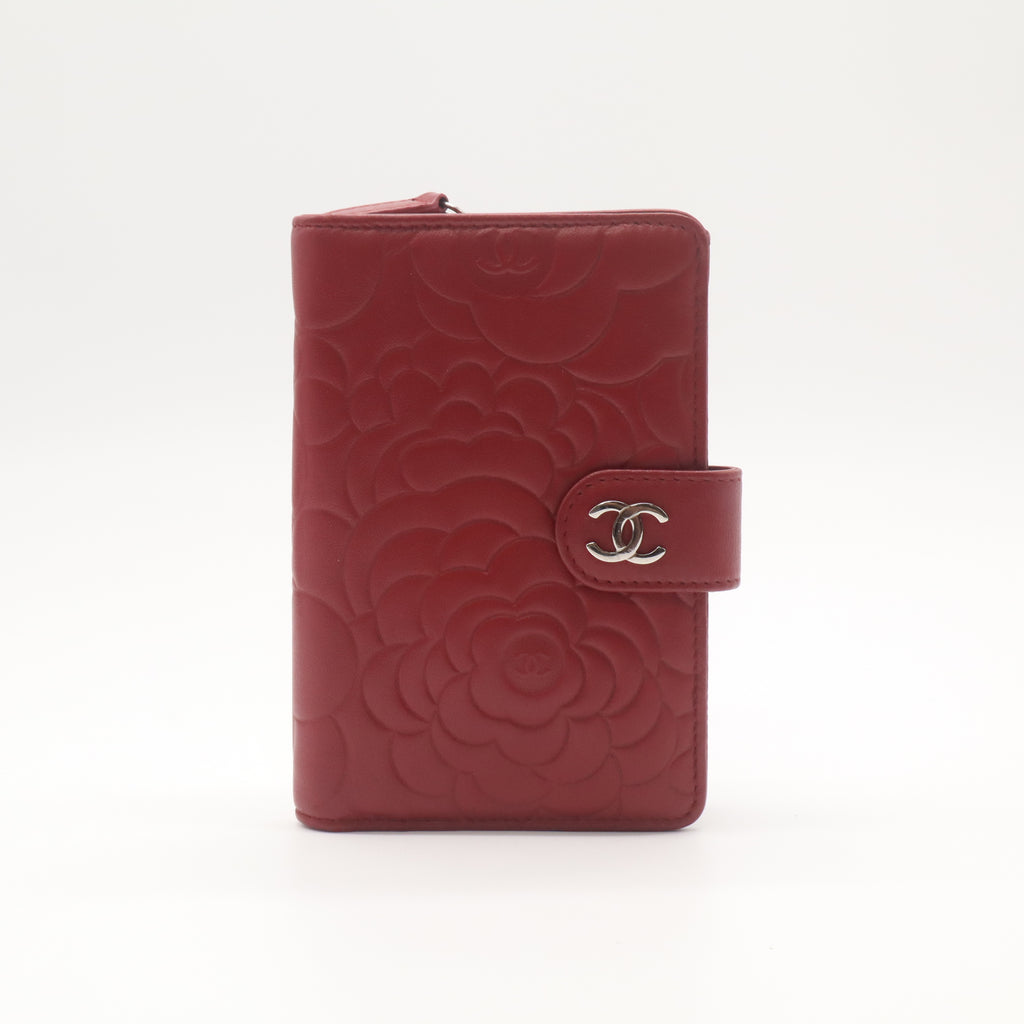 Chanel Camellia Embossed Lambskin French Wallet W22356