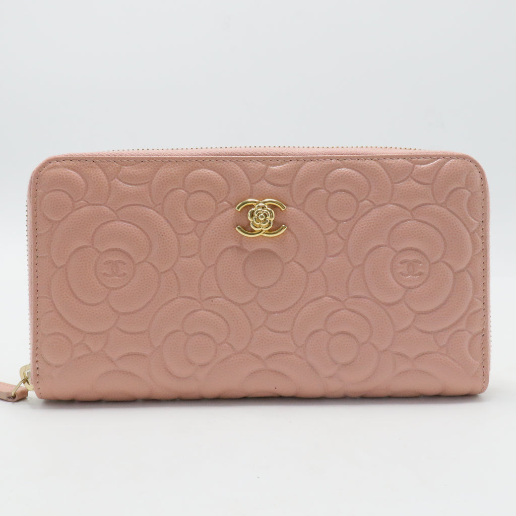 Caviar Camellia Embossed Medium Zip Around Wallet