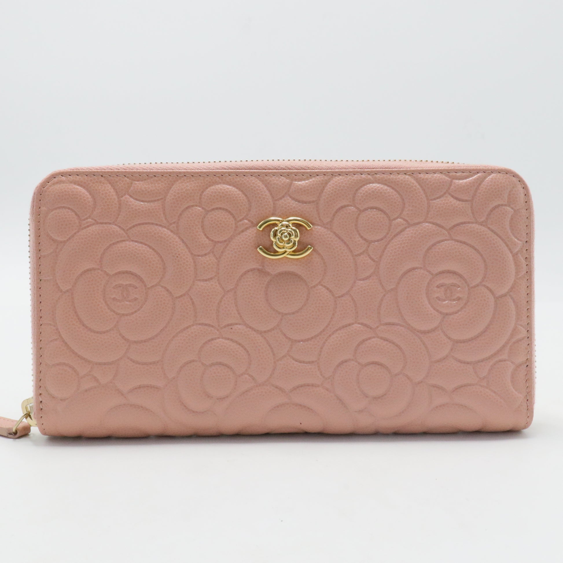 Caviar Camellia Embossed Medium Zip Around Wallet