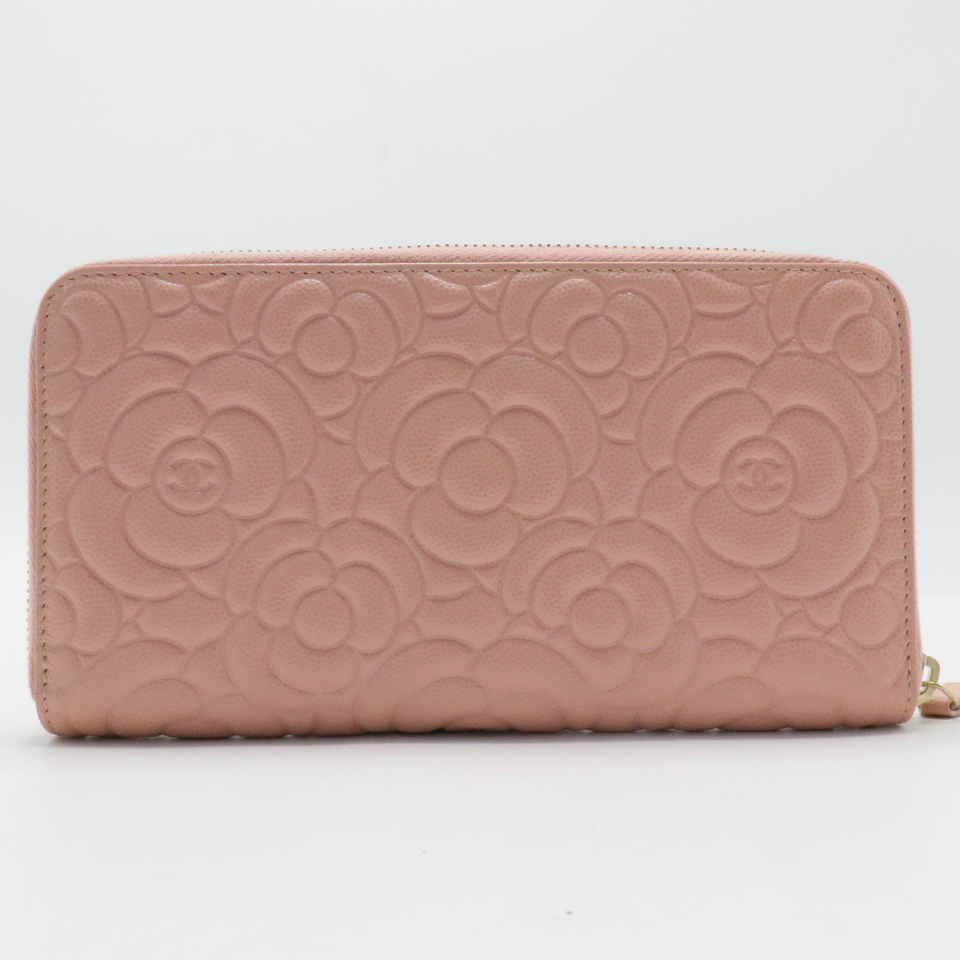 Caviar Camellia Embossed Medium Zip Around Wallet