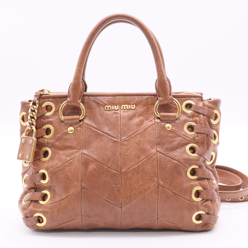 Tan Chevron Leather Grommet Tote Bag twins