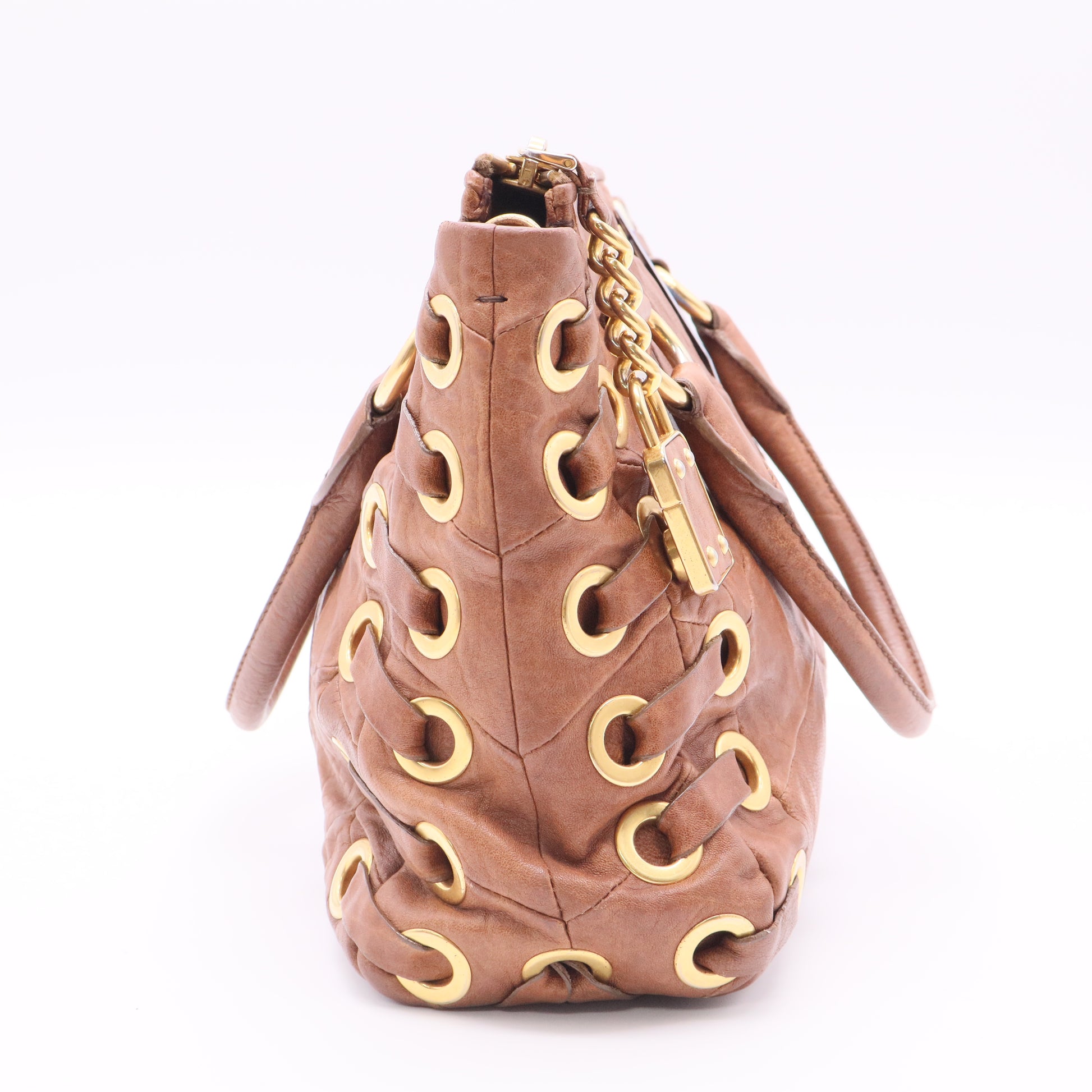 Tan Chevron Leather Grommet Tote Bag twins