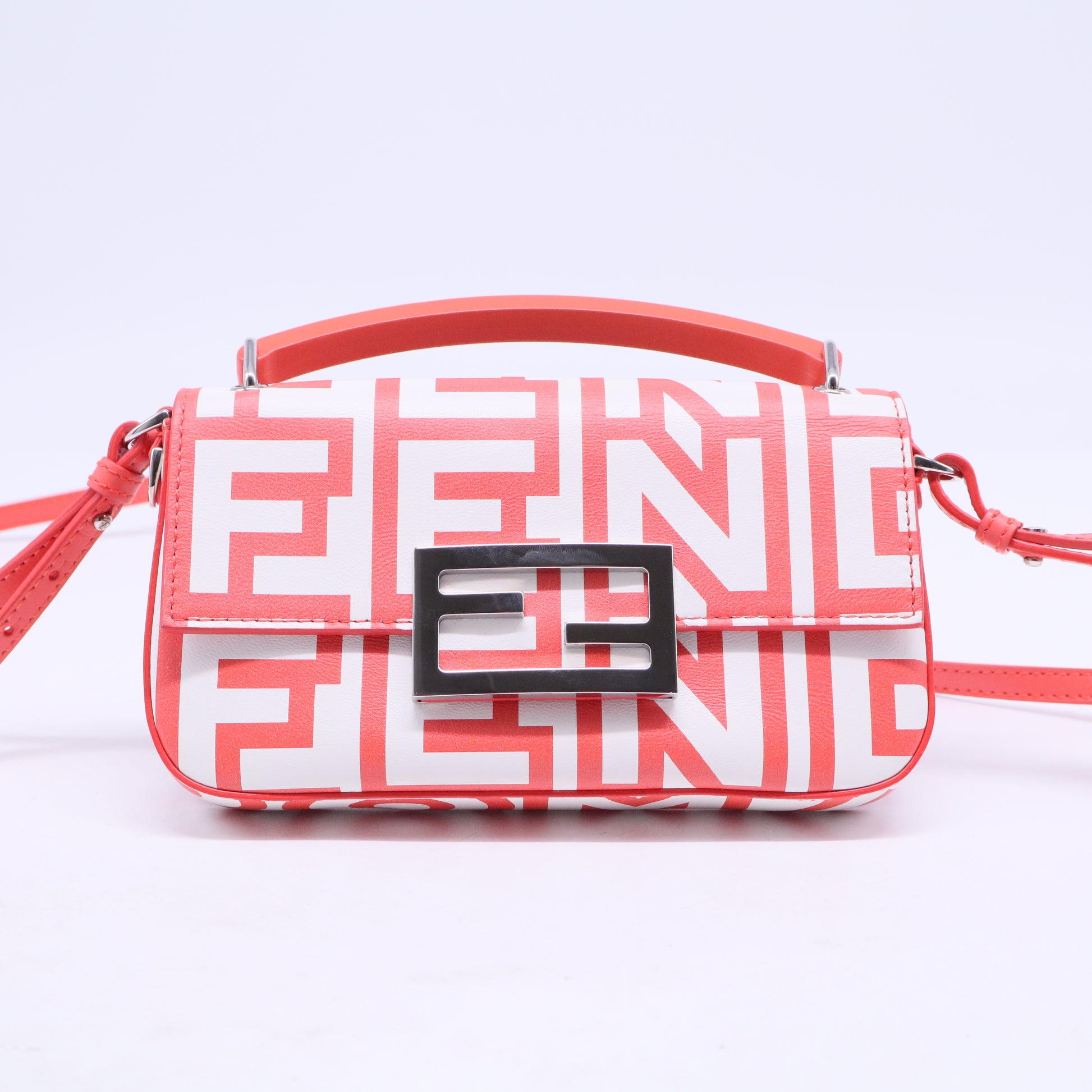 Fendi X MARC JACOBS Vitello Seta Logo Print Baguette Glow Coral White
