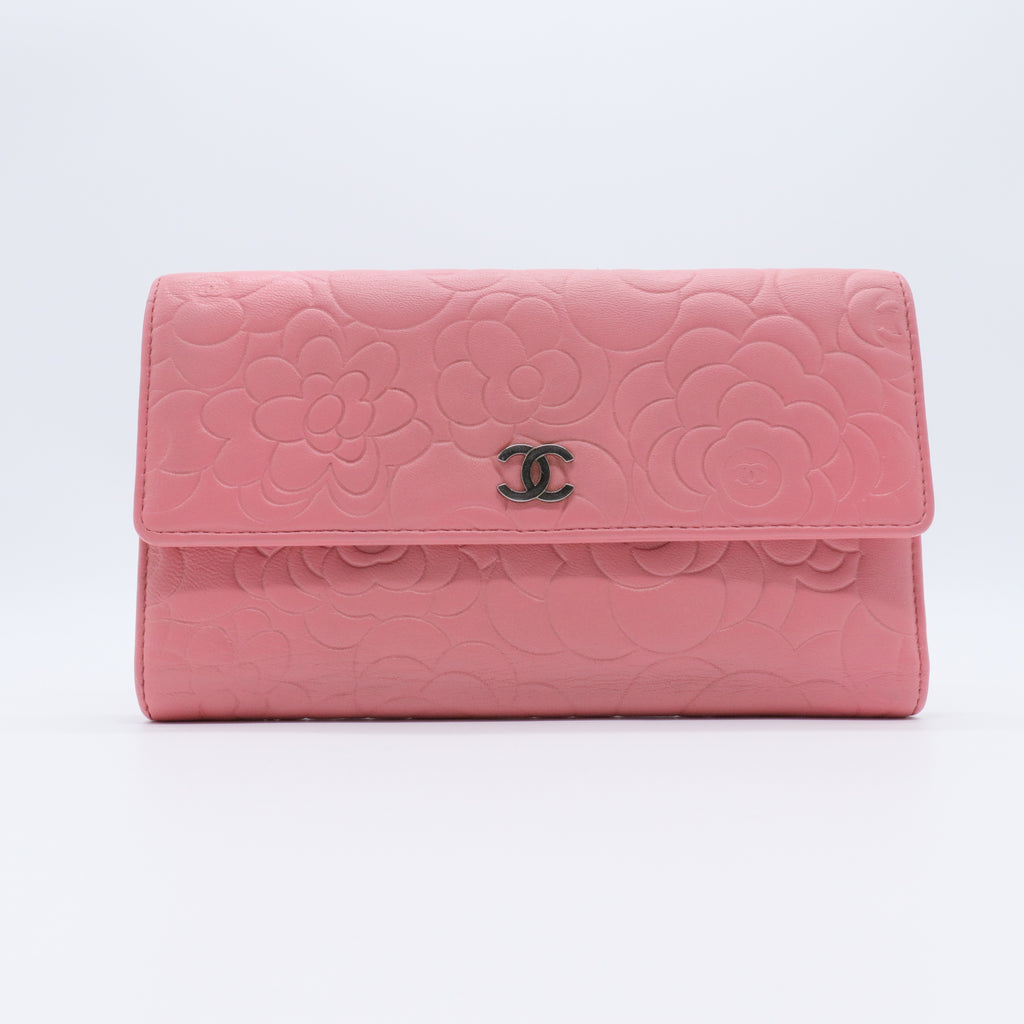 Pink Black Camellia Embossed Lambskin Leather L Flap Wallet