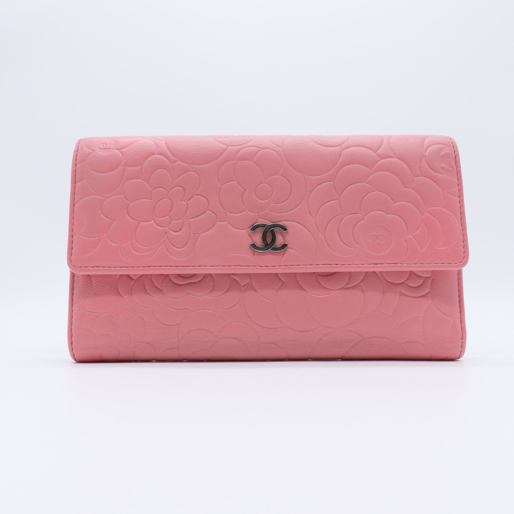 Pink Black Camellia Embossed Lambskin Leather L Flap Wallet