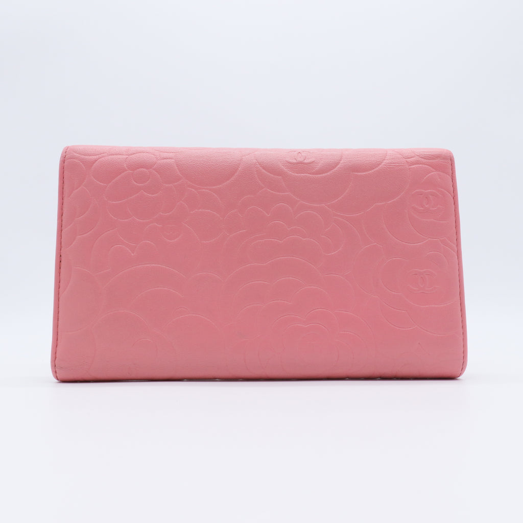 Pink Black Camellia Embossed Lambskin Leather L Flap Wallet