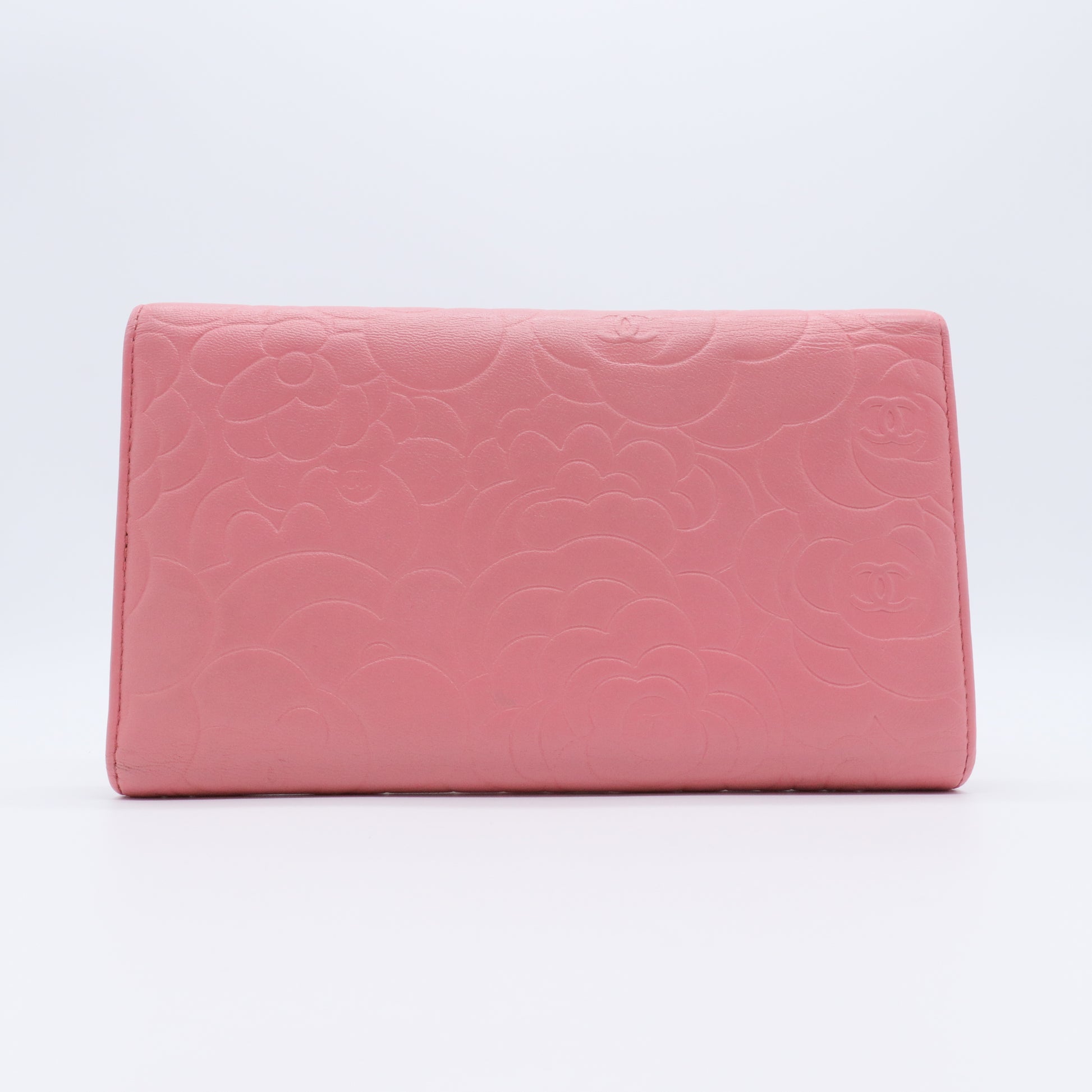 Pink Black Camellia Embossed Lambskin Leather L Flap Wallet