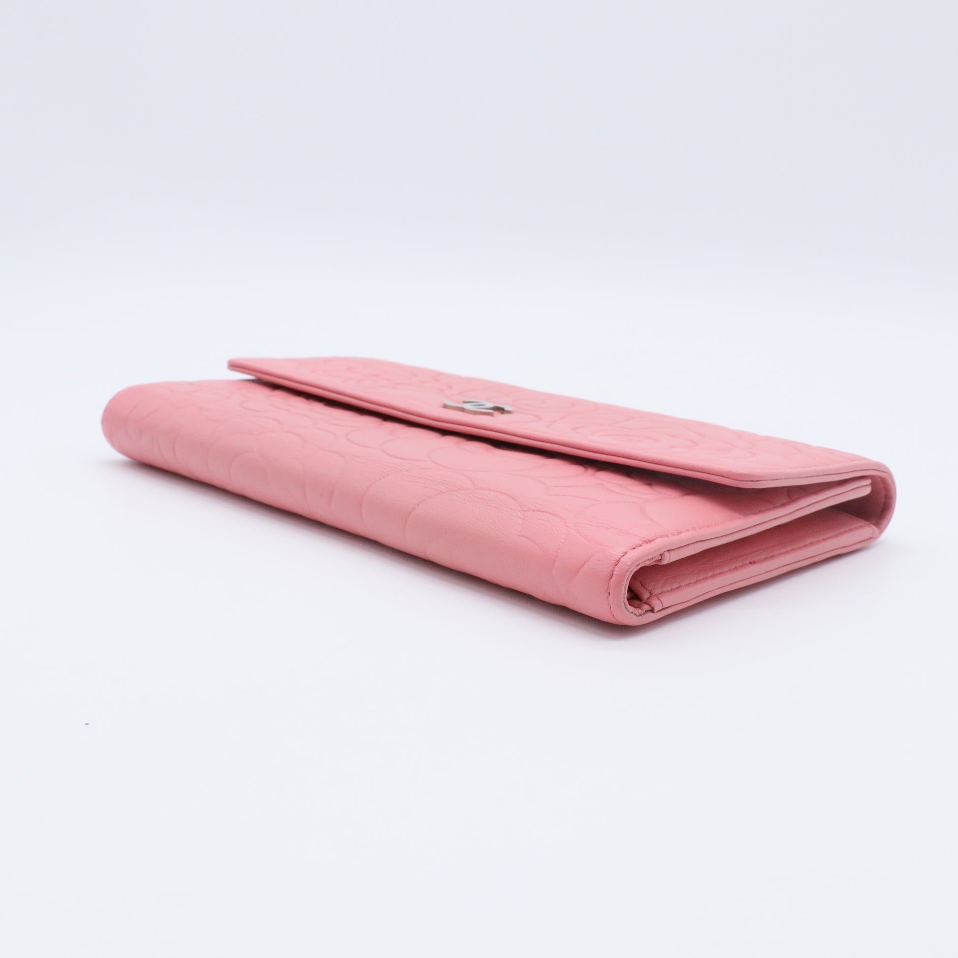 Pink Black Camellia Embossed Lambskin Leather L Flap Wallet