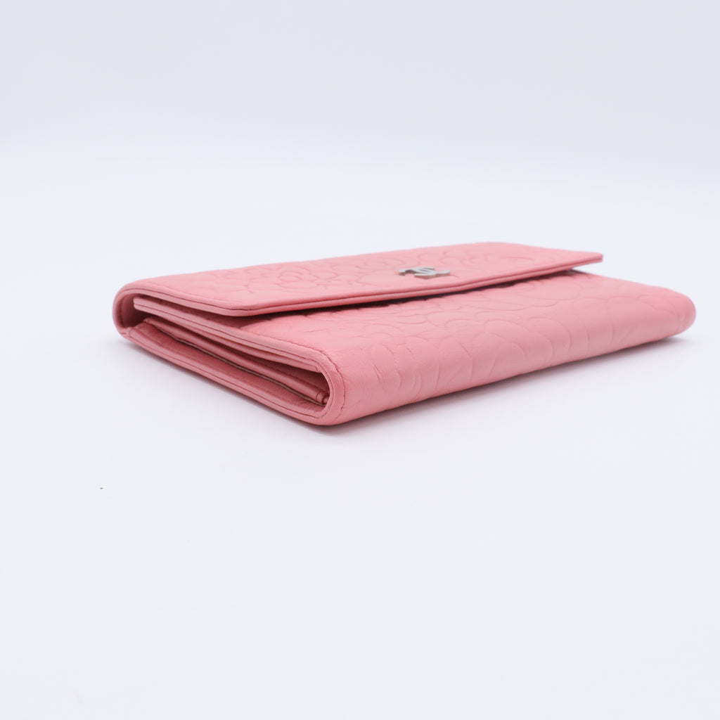 Pink Black Camellia Embossed Lambskin Leather L Flap Wallet