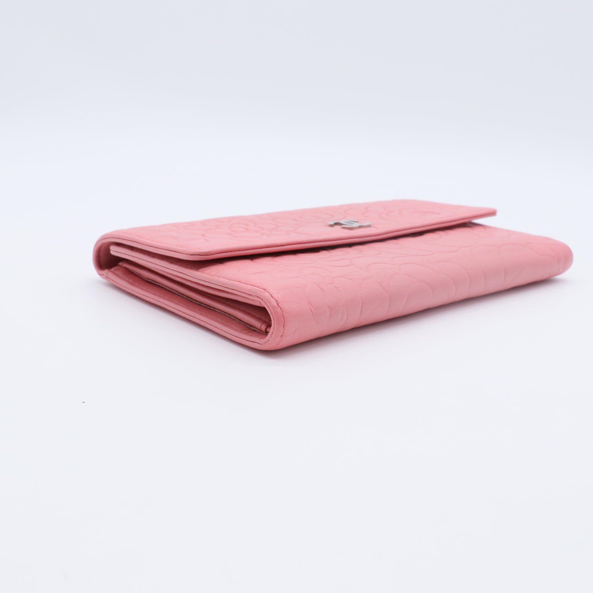 Pink Black Camellia Embossed Lambskin Leather L Flap Wallet
