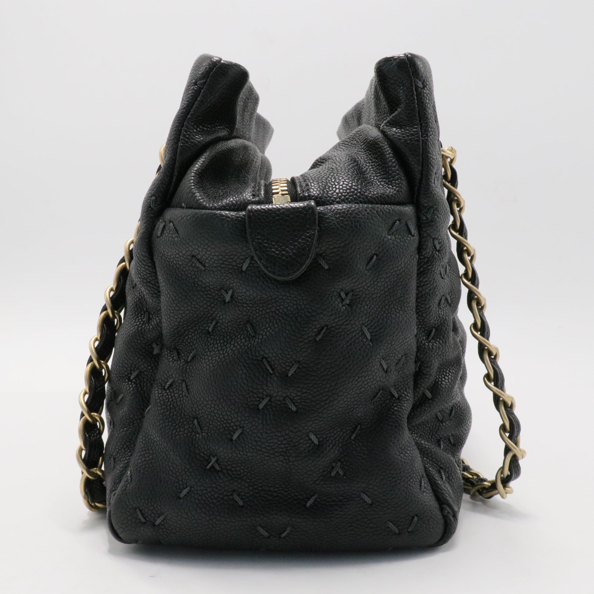 Black Caviar Coco Mark Embossed Chain Shoulder Bag