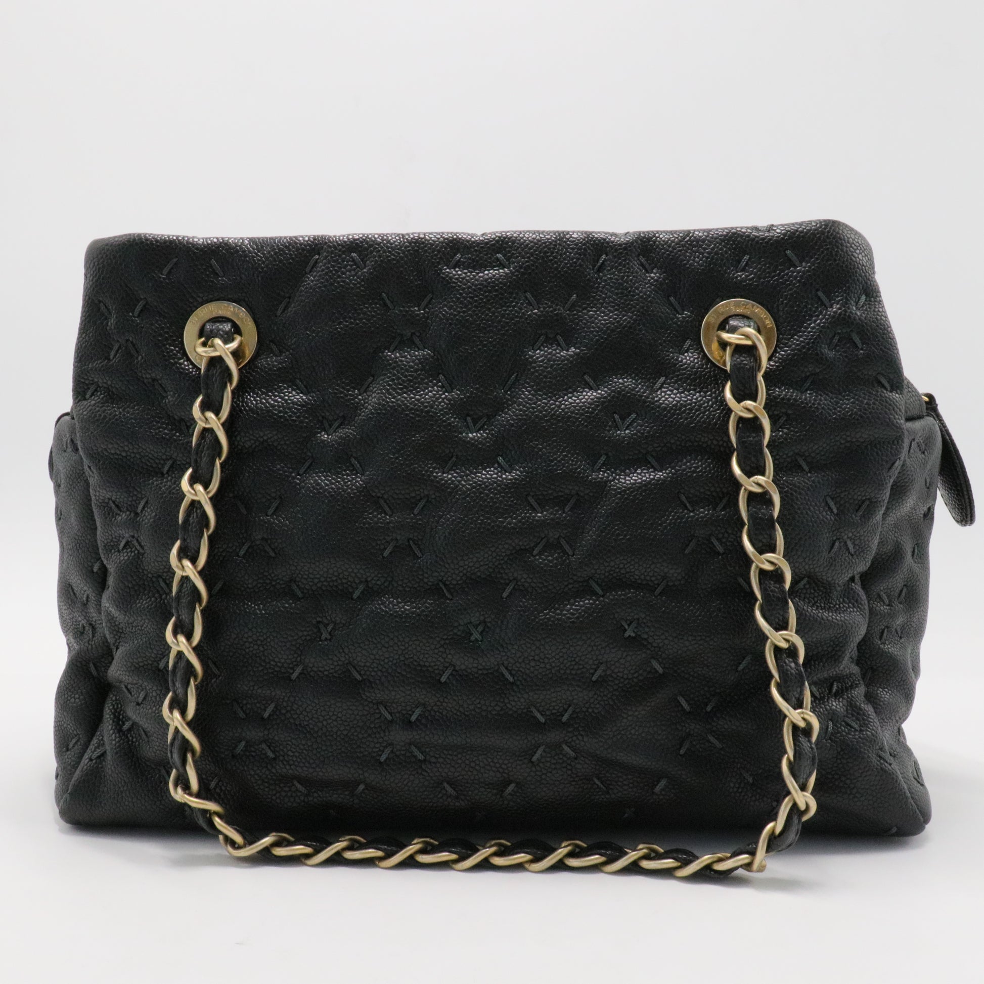 Black Caviar Coco Mark Embossed Chain Shoulder Bag