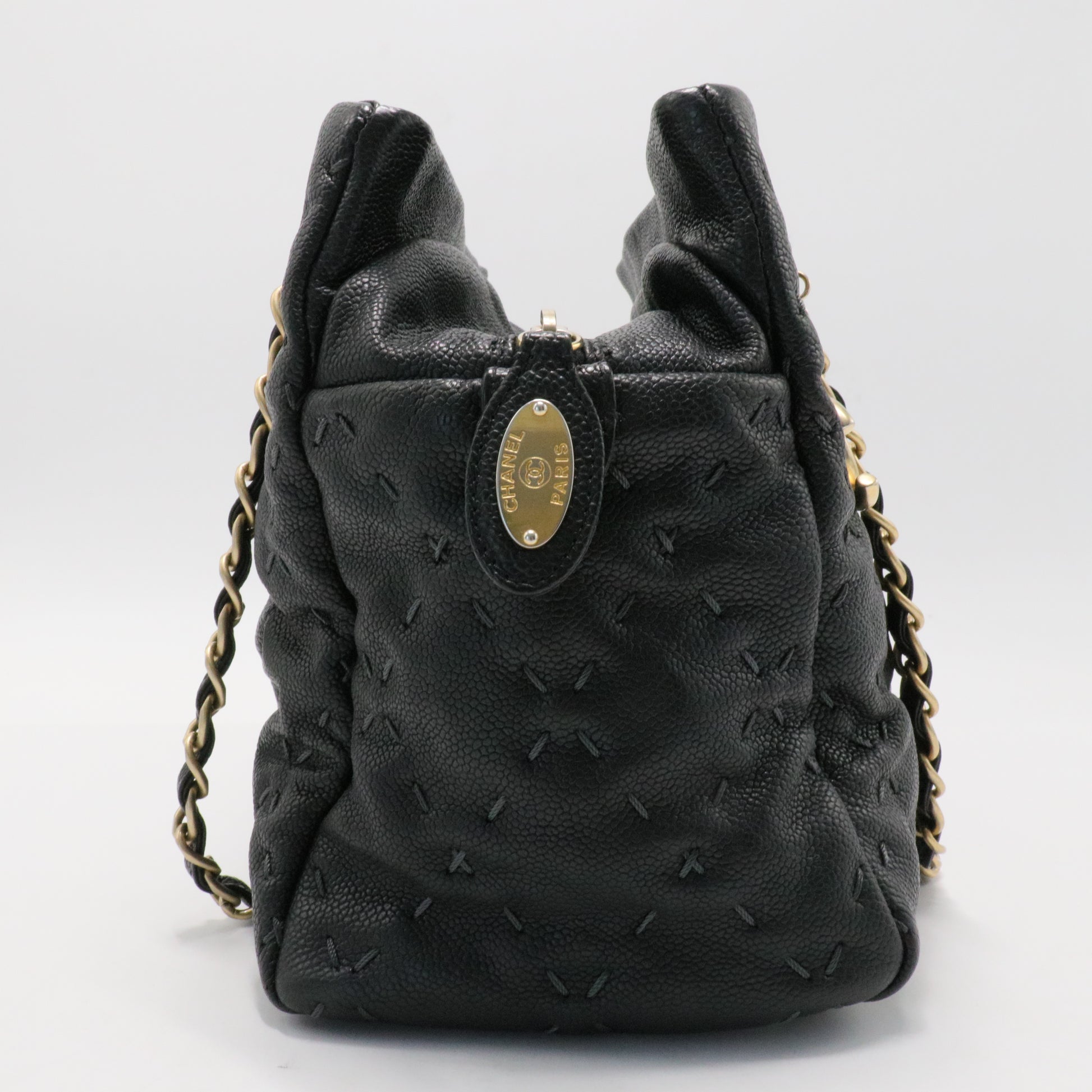 Black Caviar Coco Mark Embossed Chain Shoulder Bag