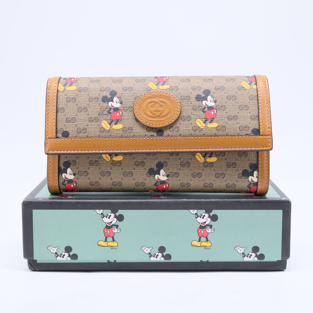 DISNEY Mini Vintage GG Supreme Monogram Mickey Mouse Continental Wallet Beige Vintage Sun Oil B20832