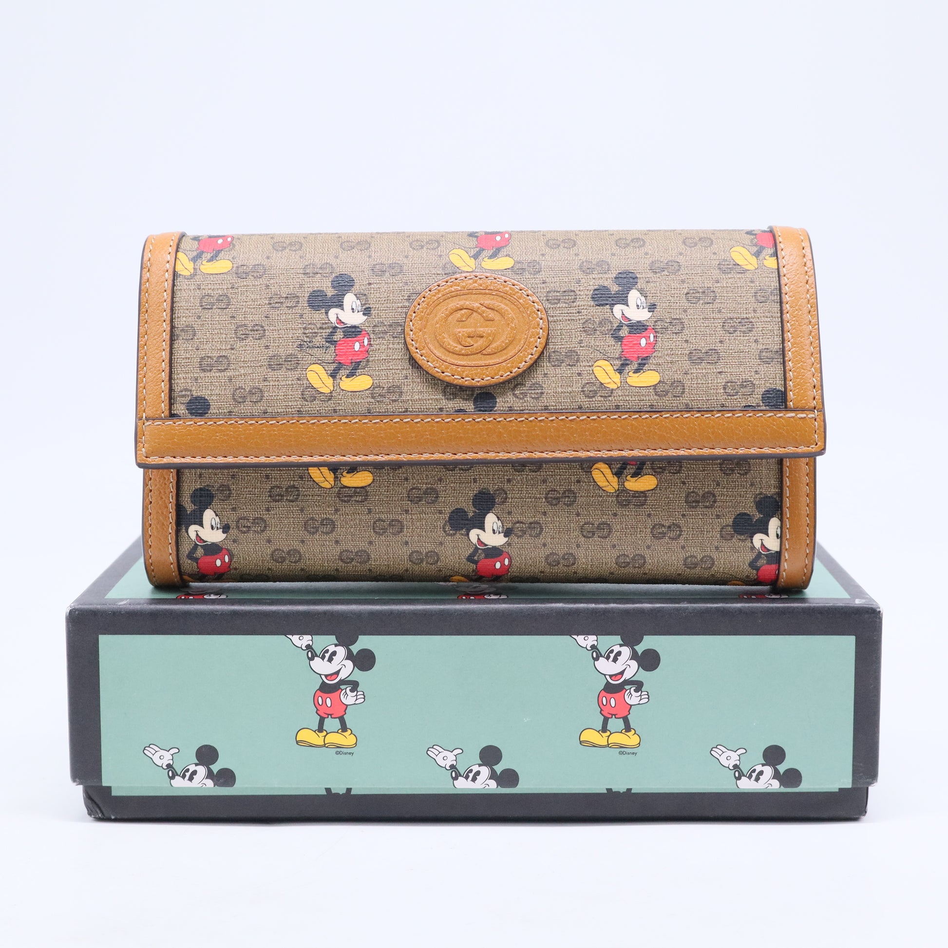 DISNEY Mini Vintage GG Supreme Monogram Mickey Mouse Continental Wallet Beige Vintage Sun Oil B20832
