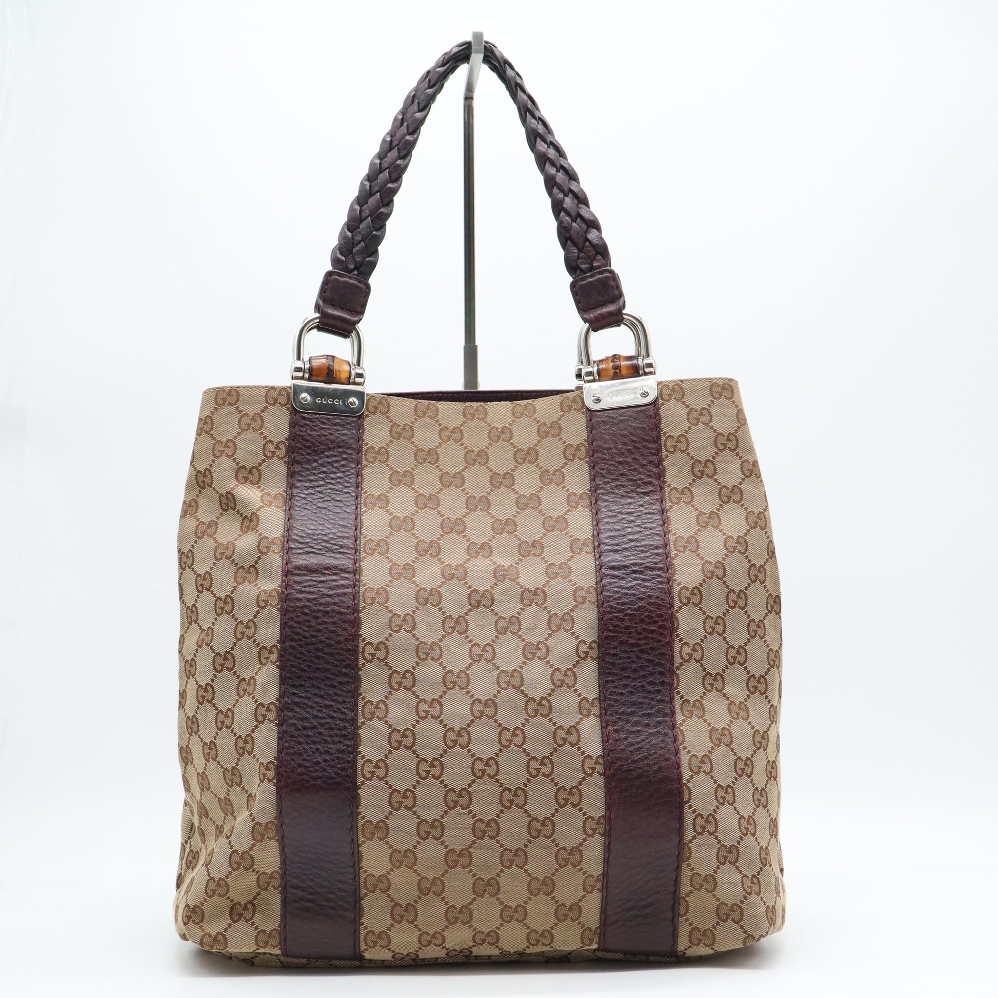 Brown Gucci GG Canvas Bamboo Libeccio Tote Bag Leather B21110